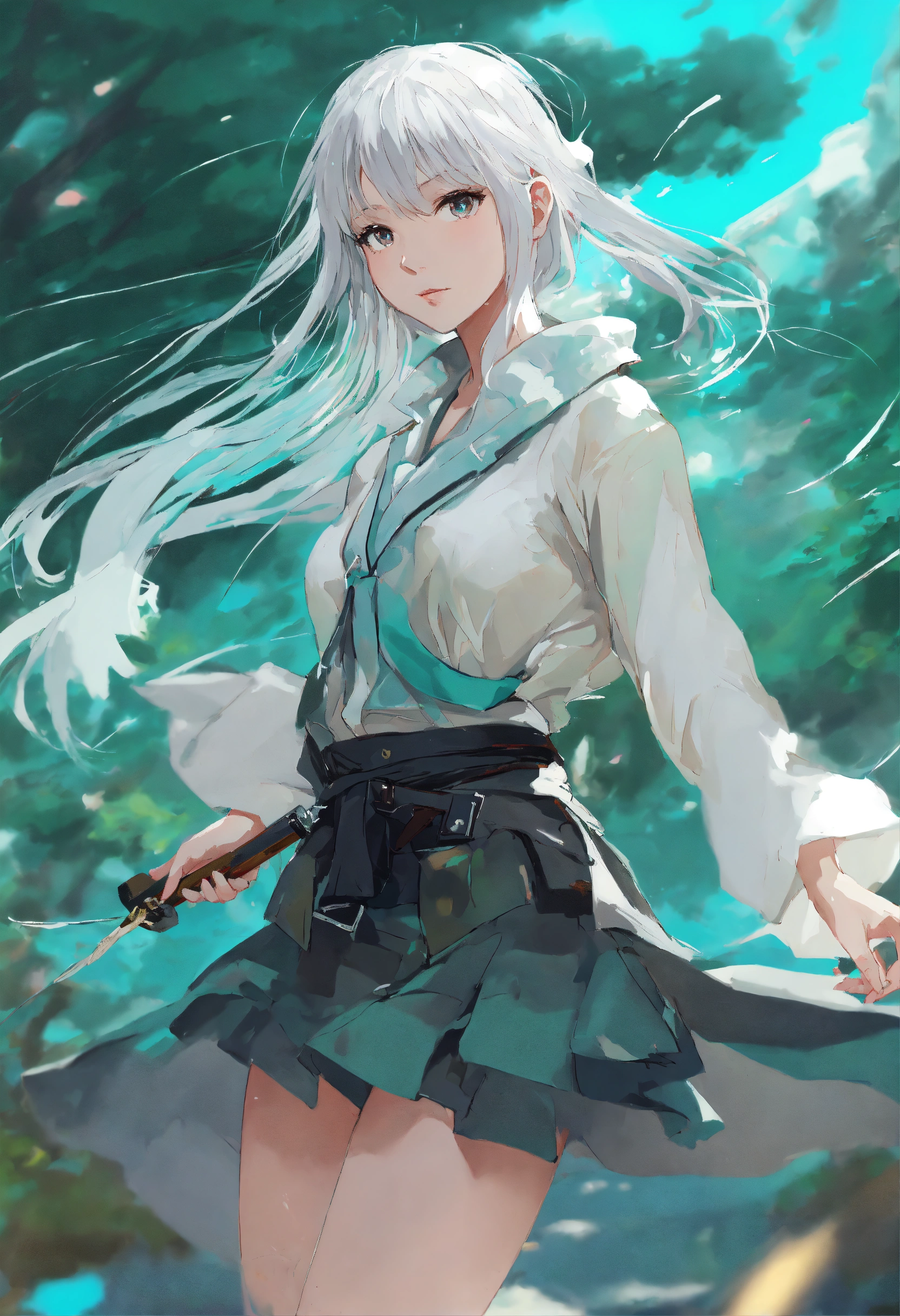 Lexica - Anime Girl Painting, white hair clothings of turquoise_ white ...