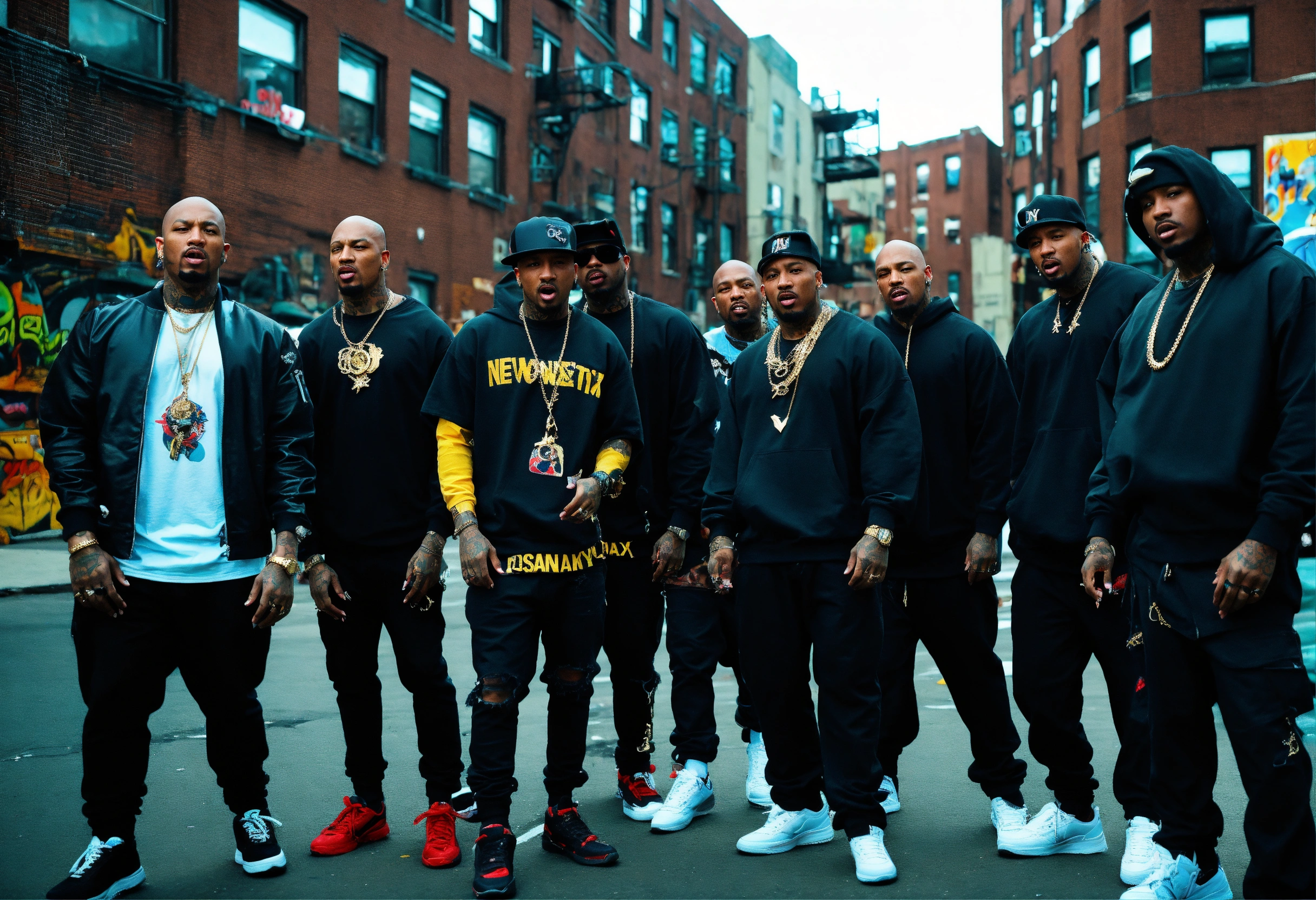 Lexica - Sky view Full body shot black baldheaded guys rap group 