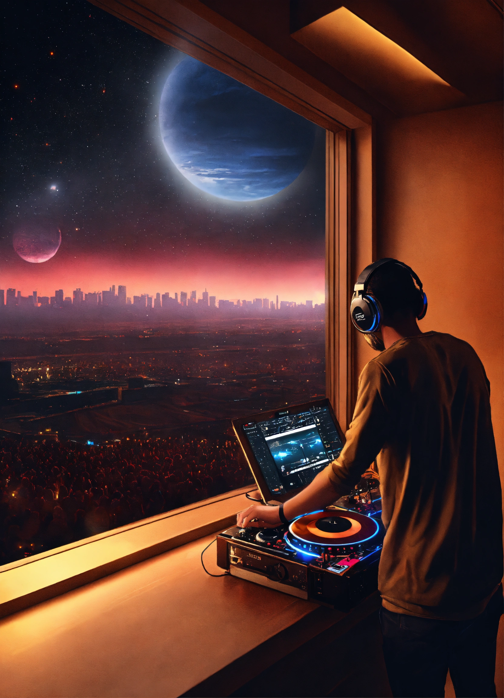 Lexica - DJ at concert with a window at his back with Mars View 4K ...