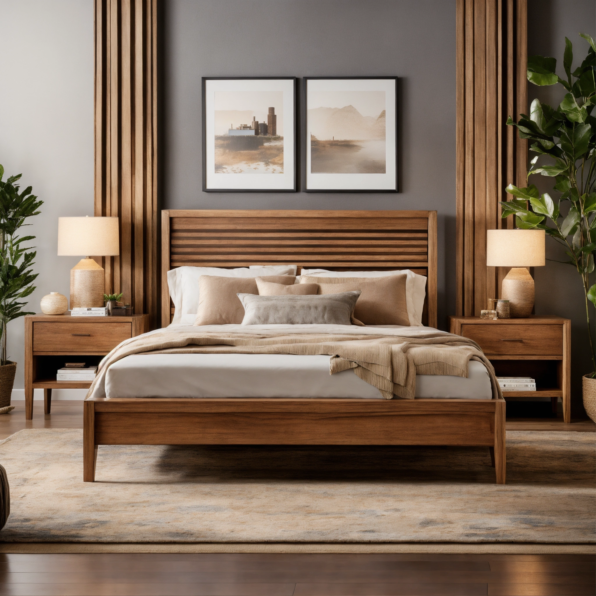 Lexica - A photo of a stylish bedroom set. The set includes a bed, a ...