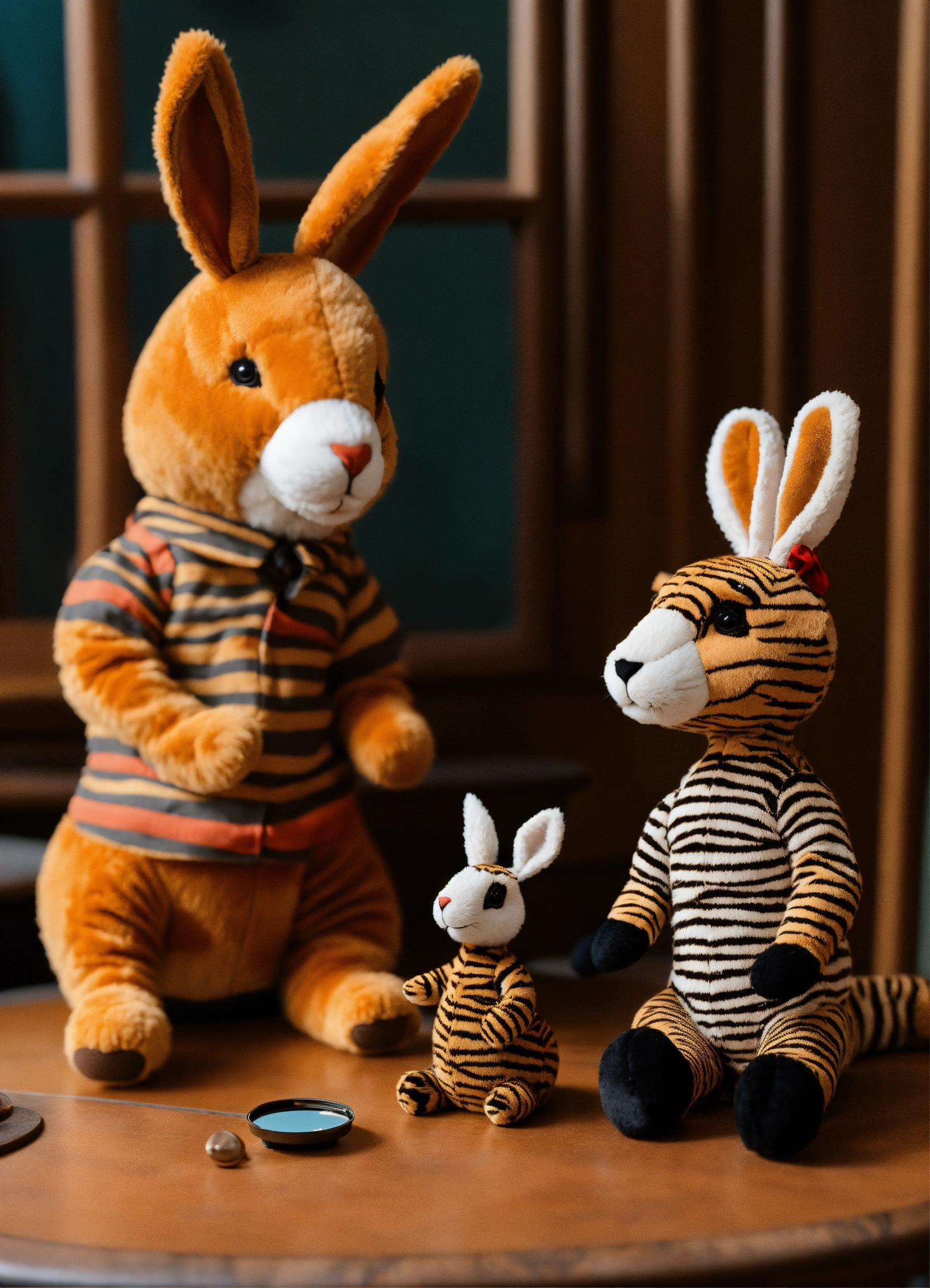 Lexica - A stuffed zebra and a rabbit in tiger color are sitting at a ...