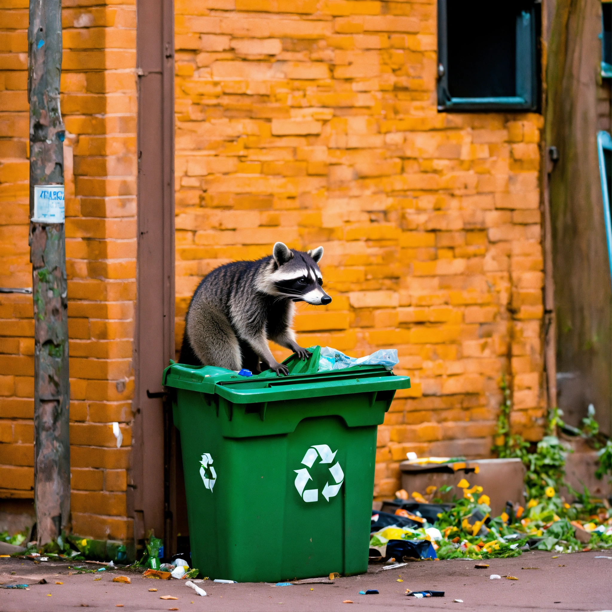 Lexica - A photograph of a raccoon digging through recycling bins, surreal