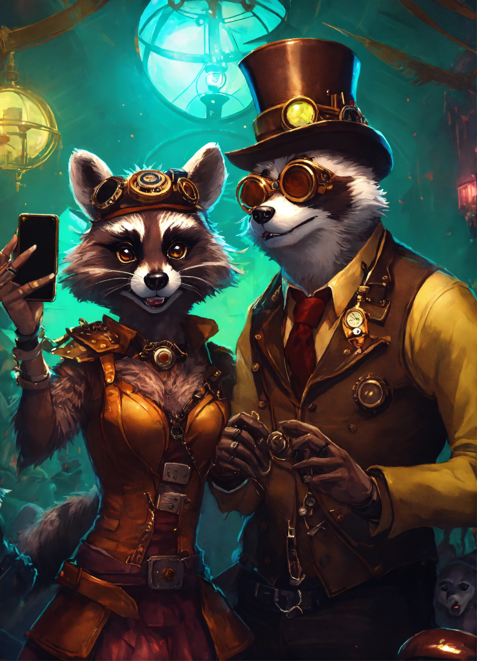 Lexica - A selfie of a steampunk racoon and a zombie in a club, dancing