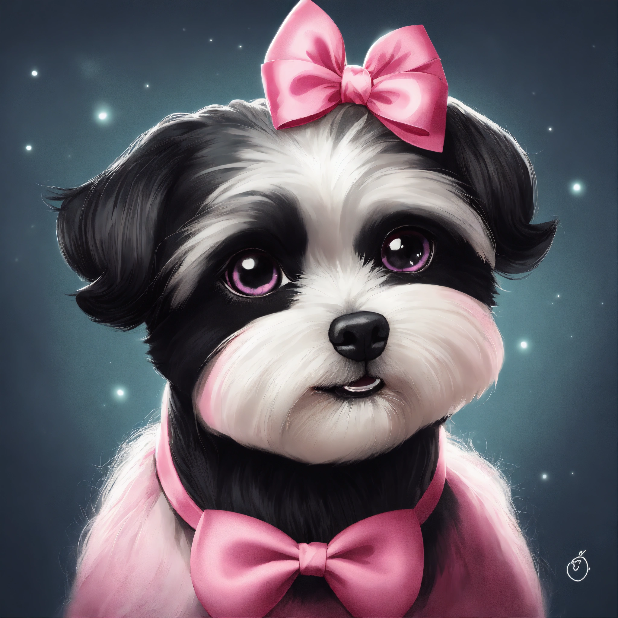 Lexica - Disney Pixar Style black and white female ShiTzu dog with hair in  a top knot tied with pink bow. Super Cute, Big eyes