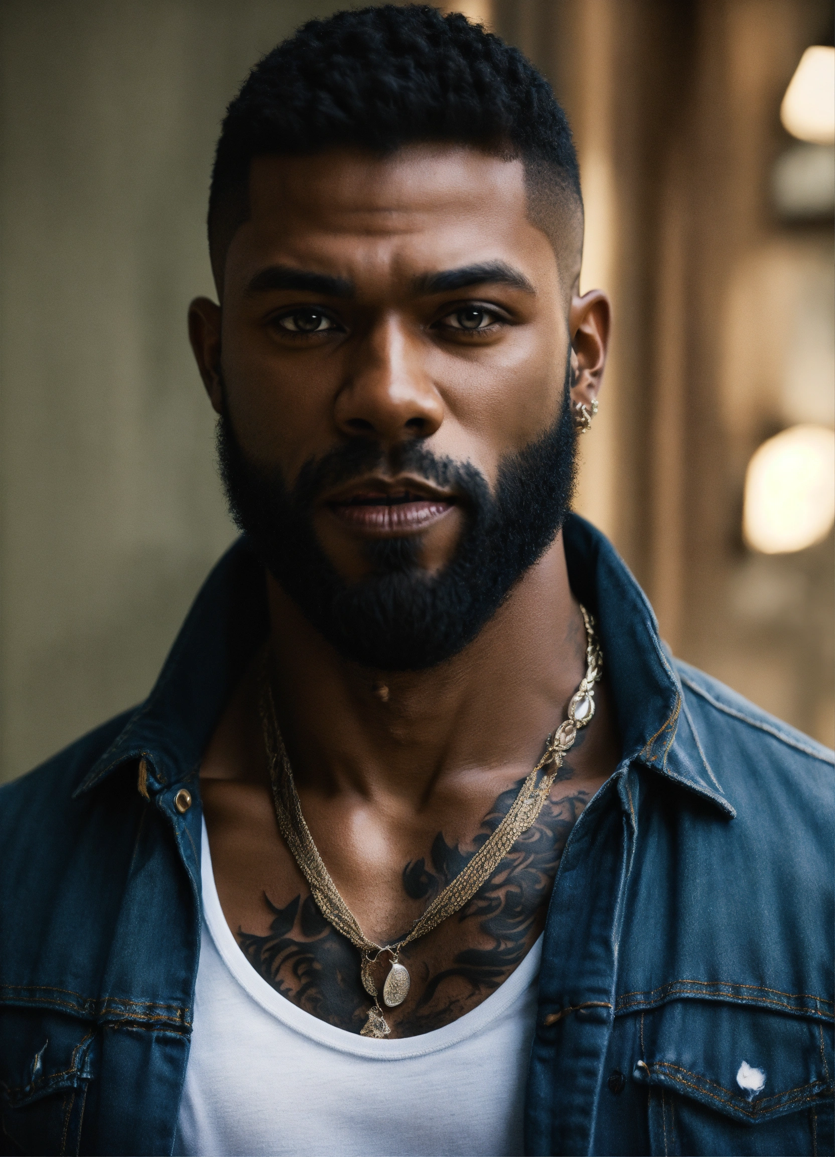 Lexica - Very Handsome black male werewolf, light eyes, beard, wearing ...