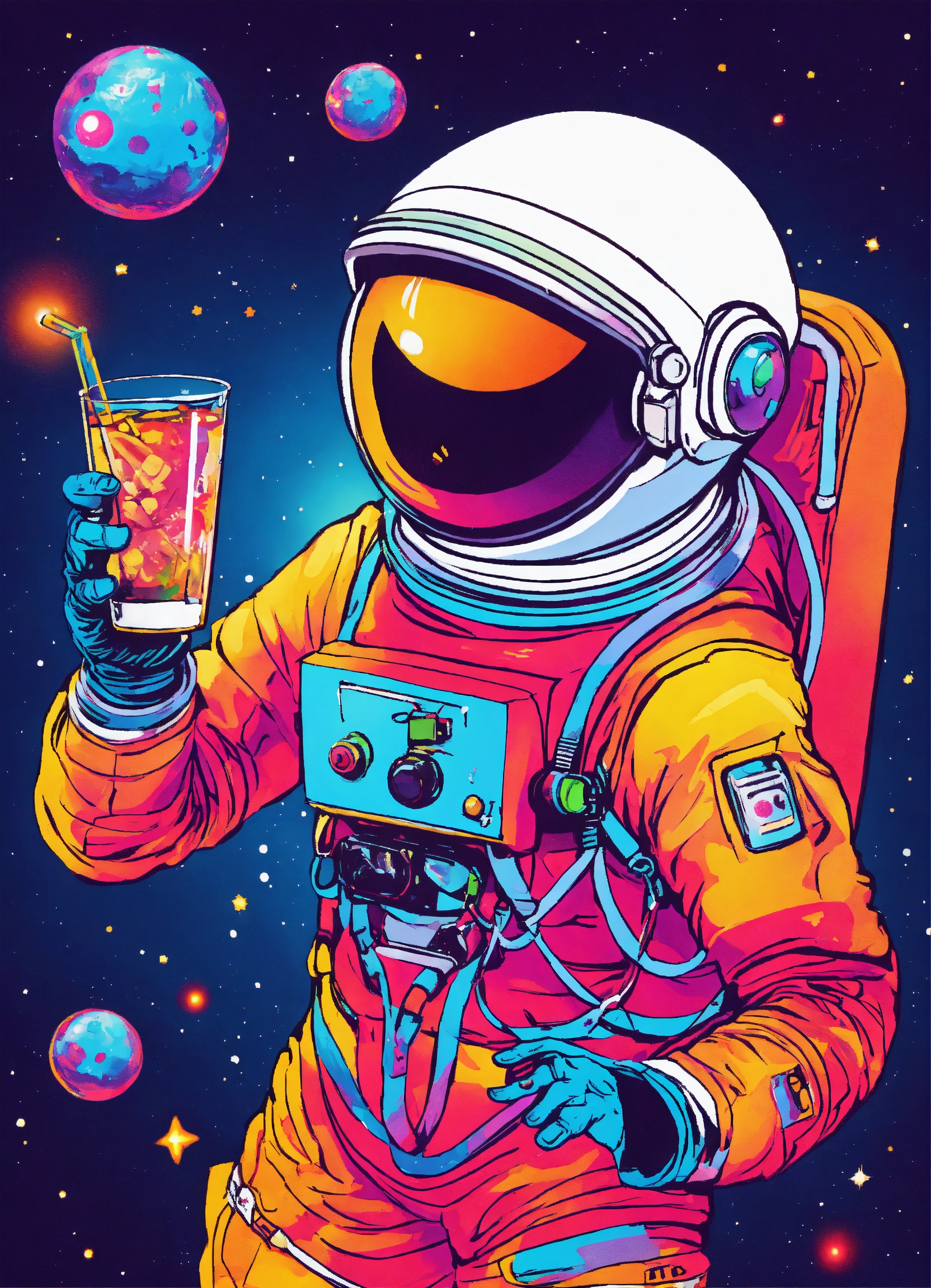 Lexica - Colourful space man dancing chilling with a drink design