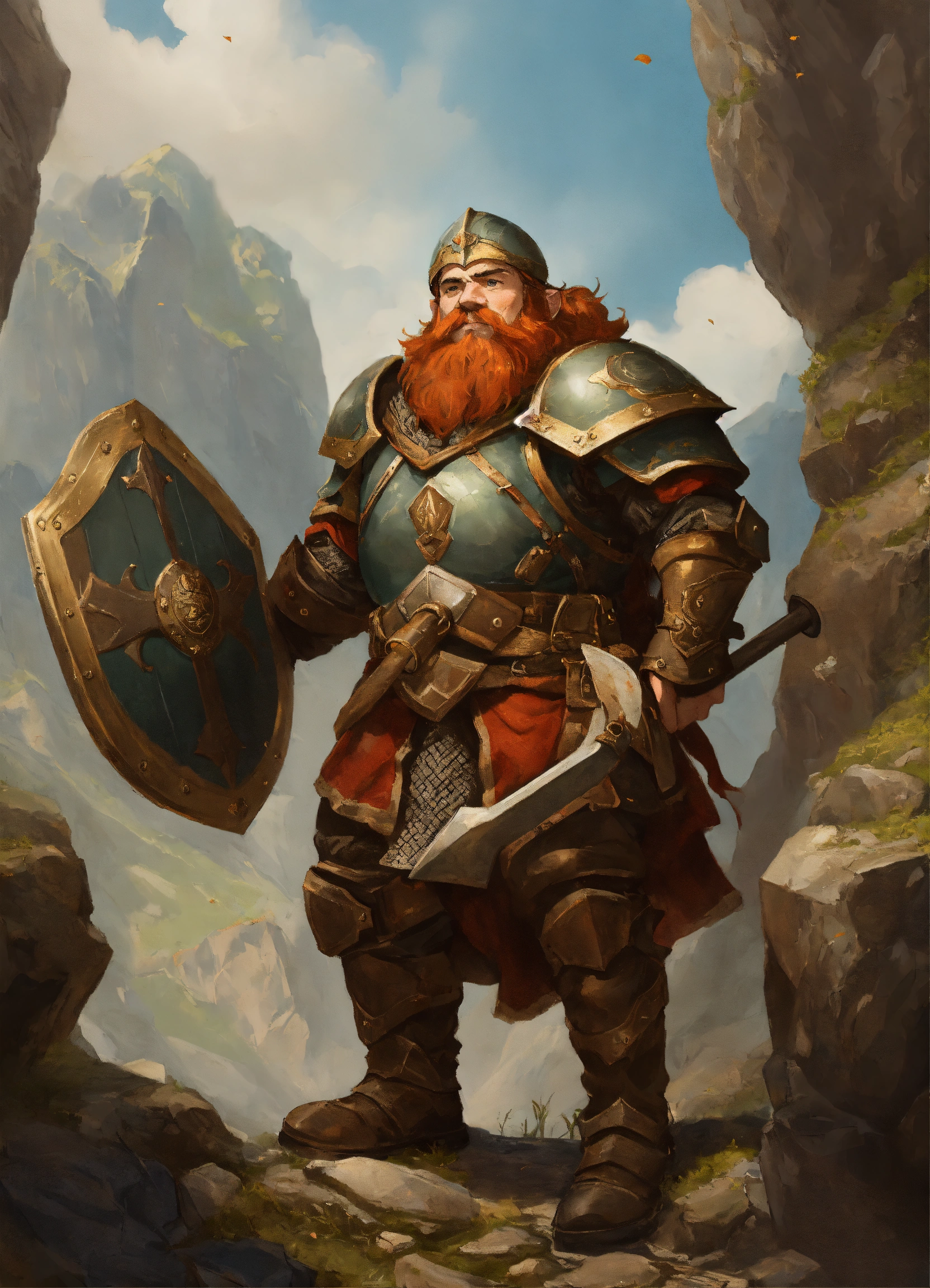 Lexica - A dwarf in full armor holding a shield over his head as if ...