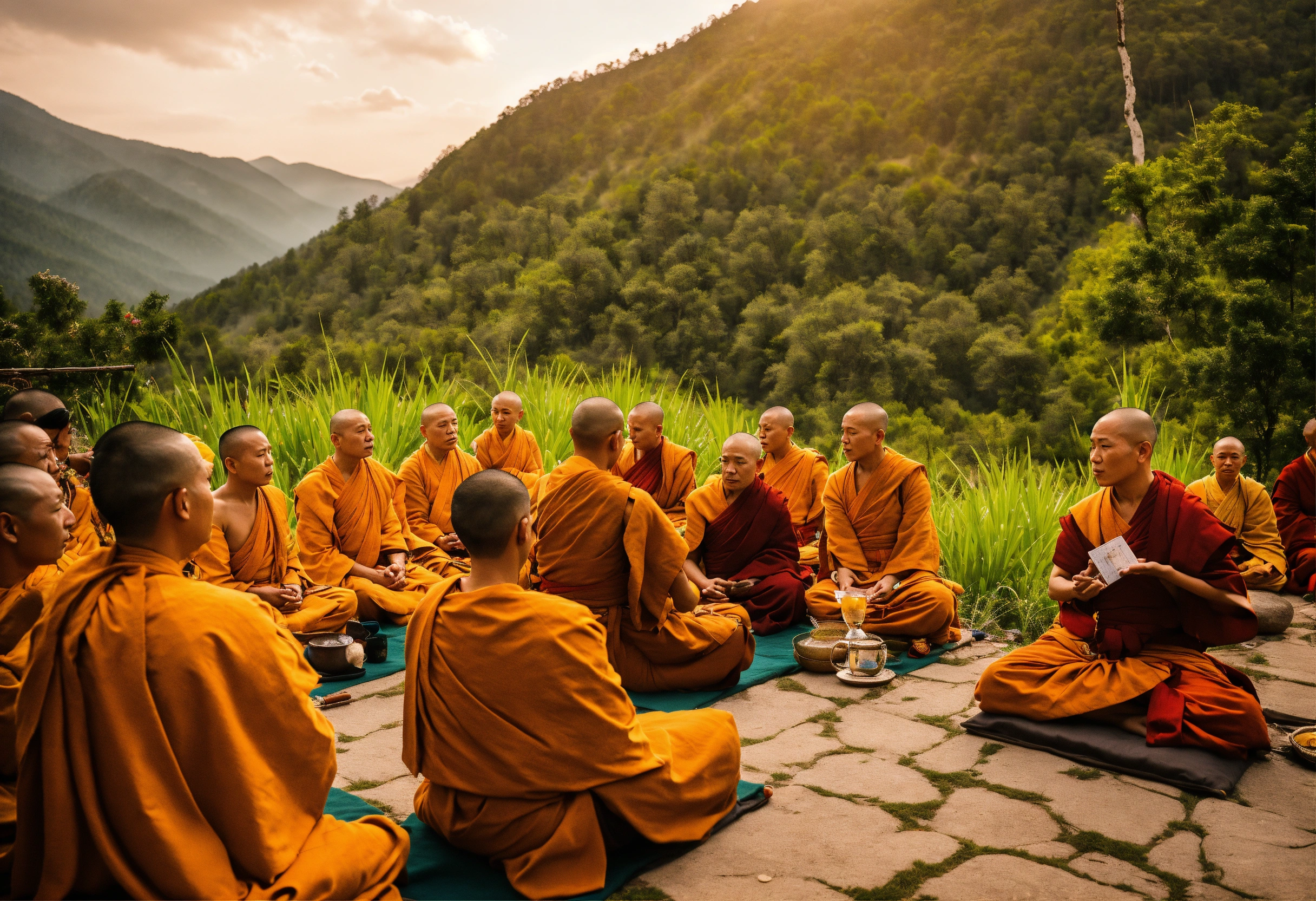 Lexica - Wise monk sitting with his both hands raised and other monks ...