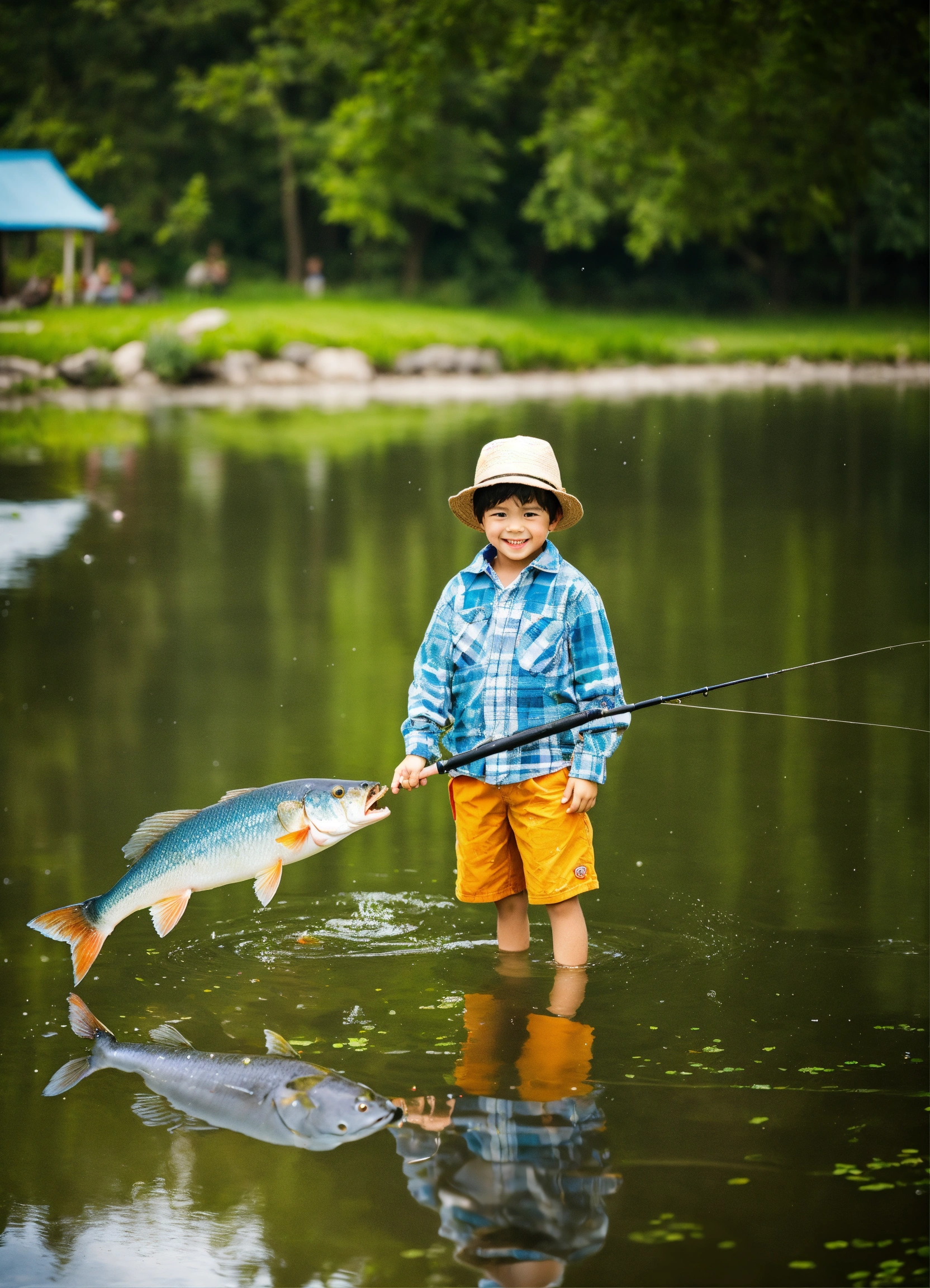 Lexica - A funny little boy who fished a big fish out of a pond