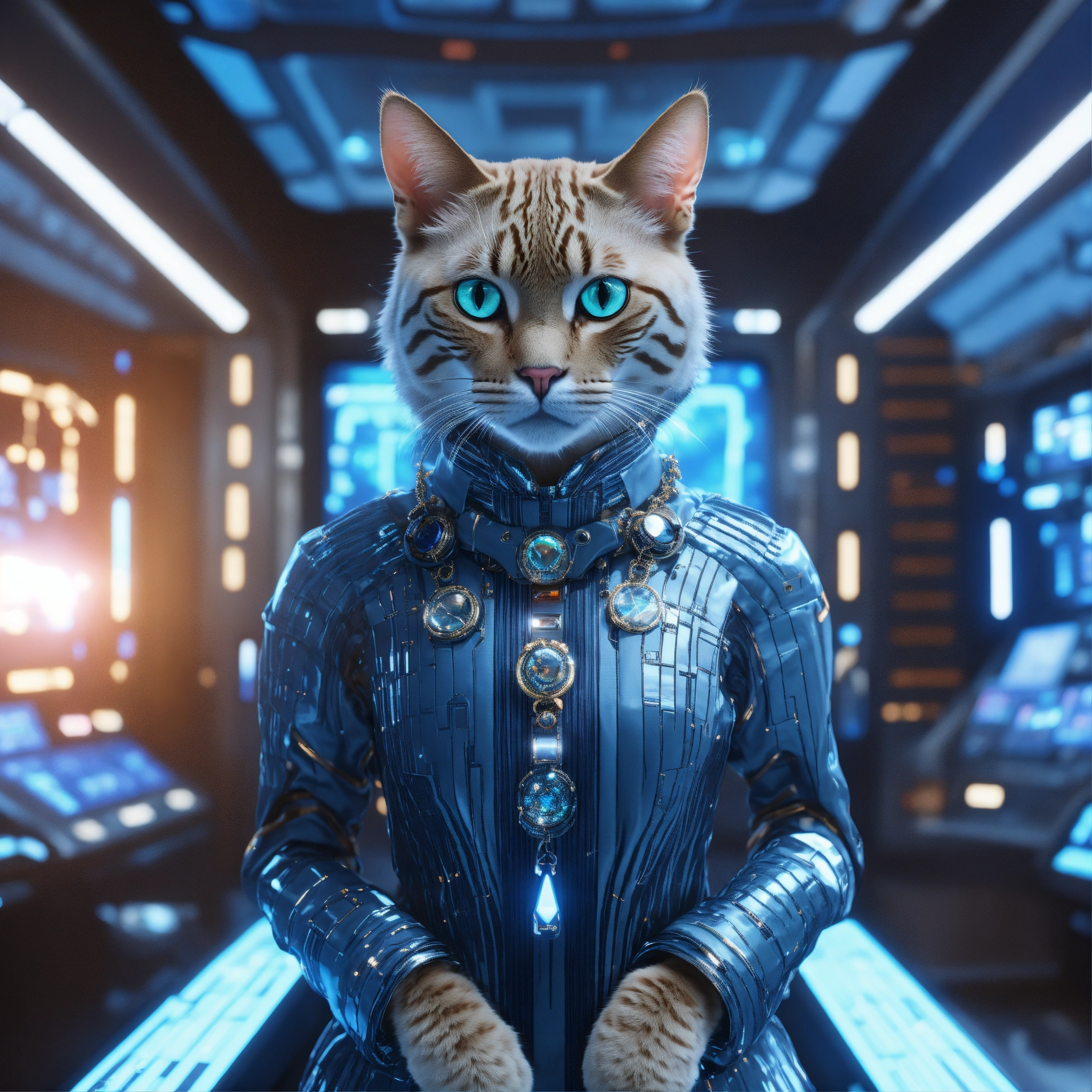 Lexica - Zoom out from a sophisticated blue striped cat faced humanoid ...
