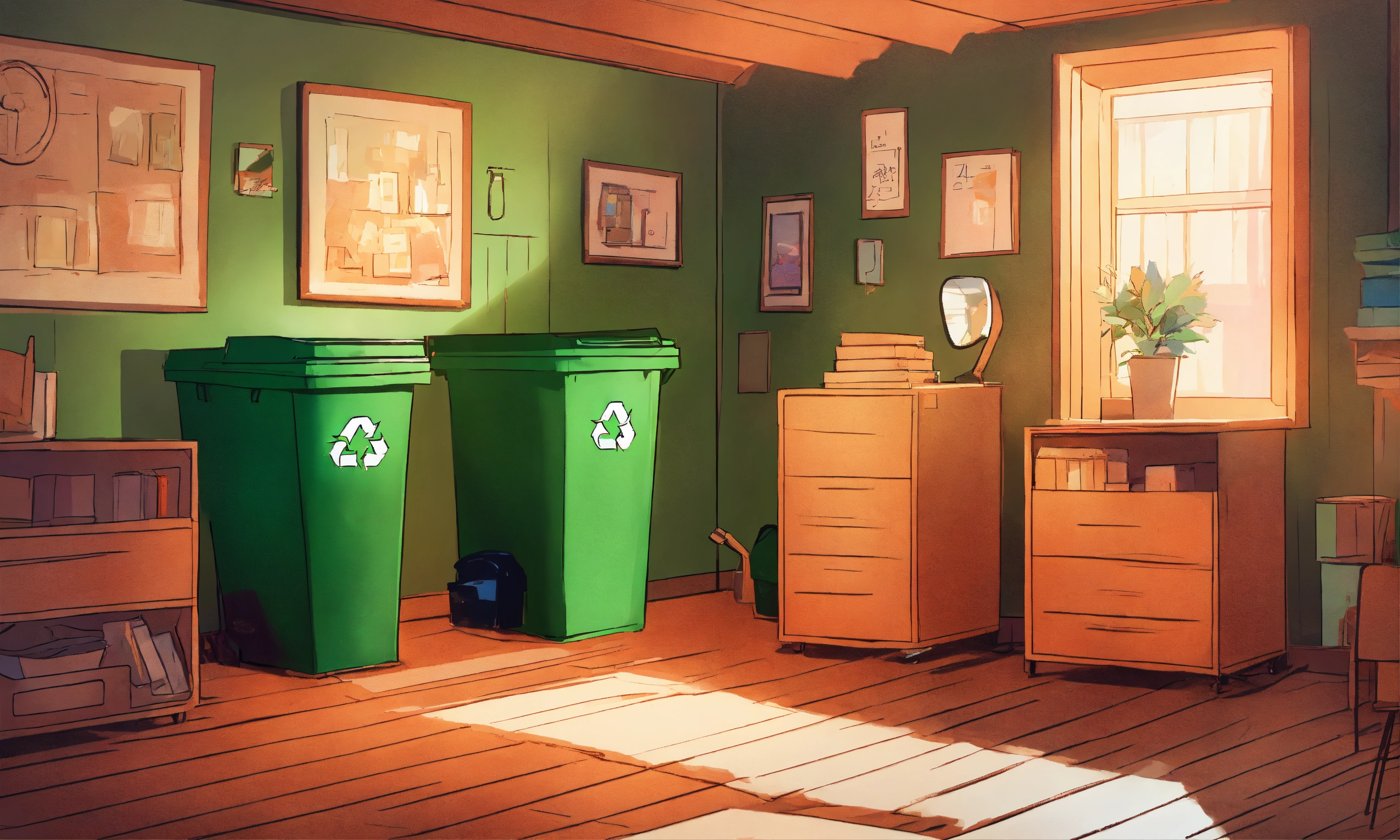 Lexica - An illustration style room with a an open recycle bin