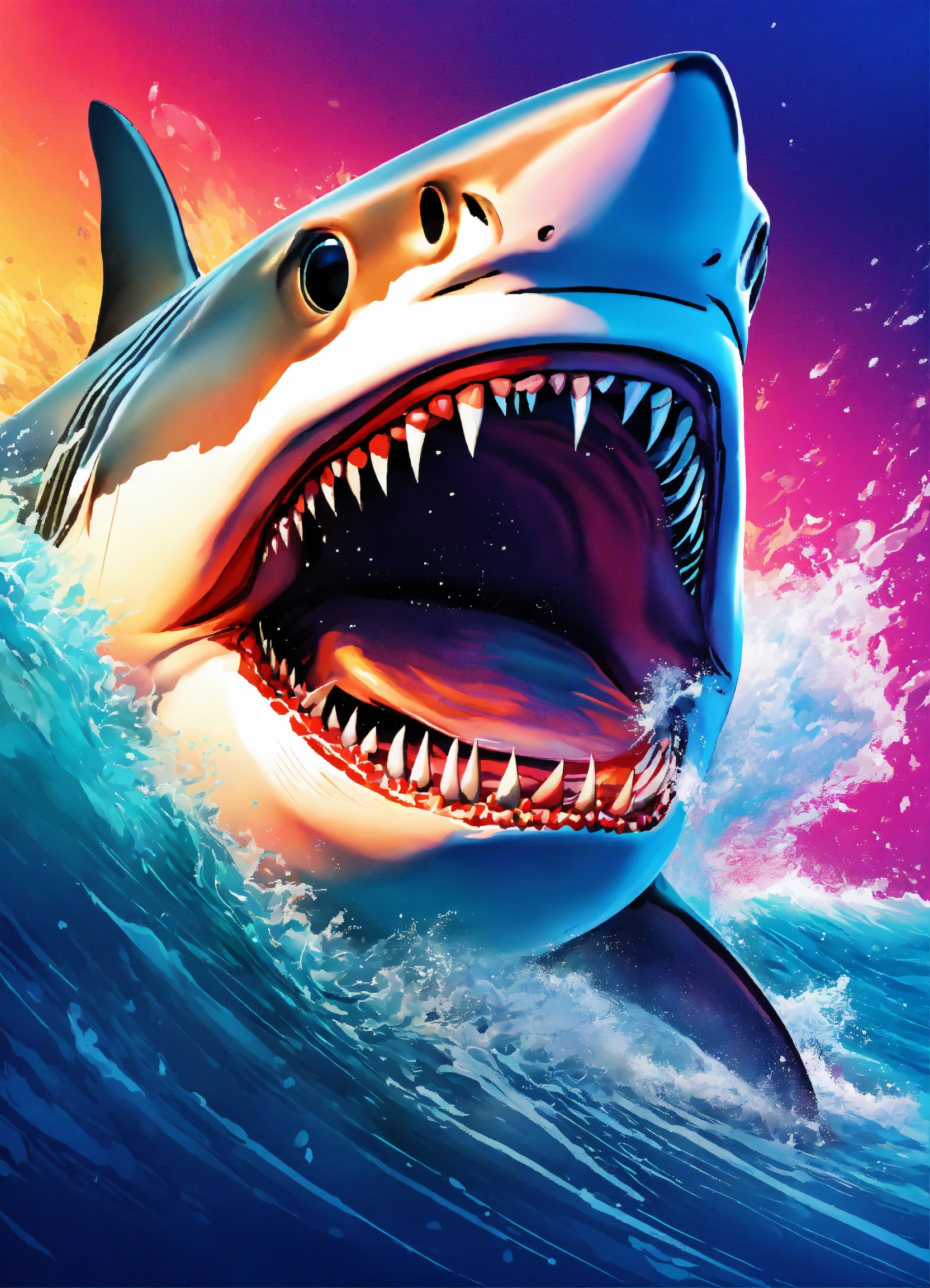 Lexica - Very color background with a great white shark busting through ...