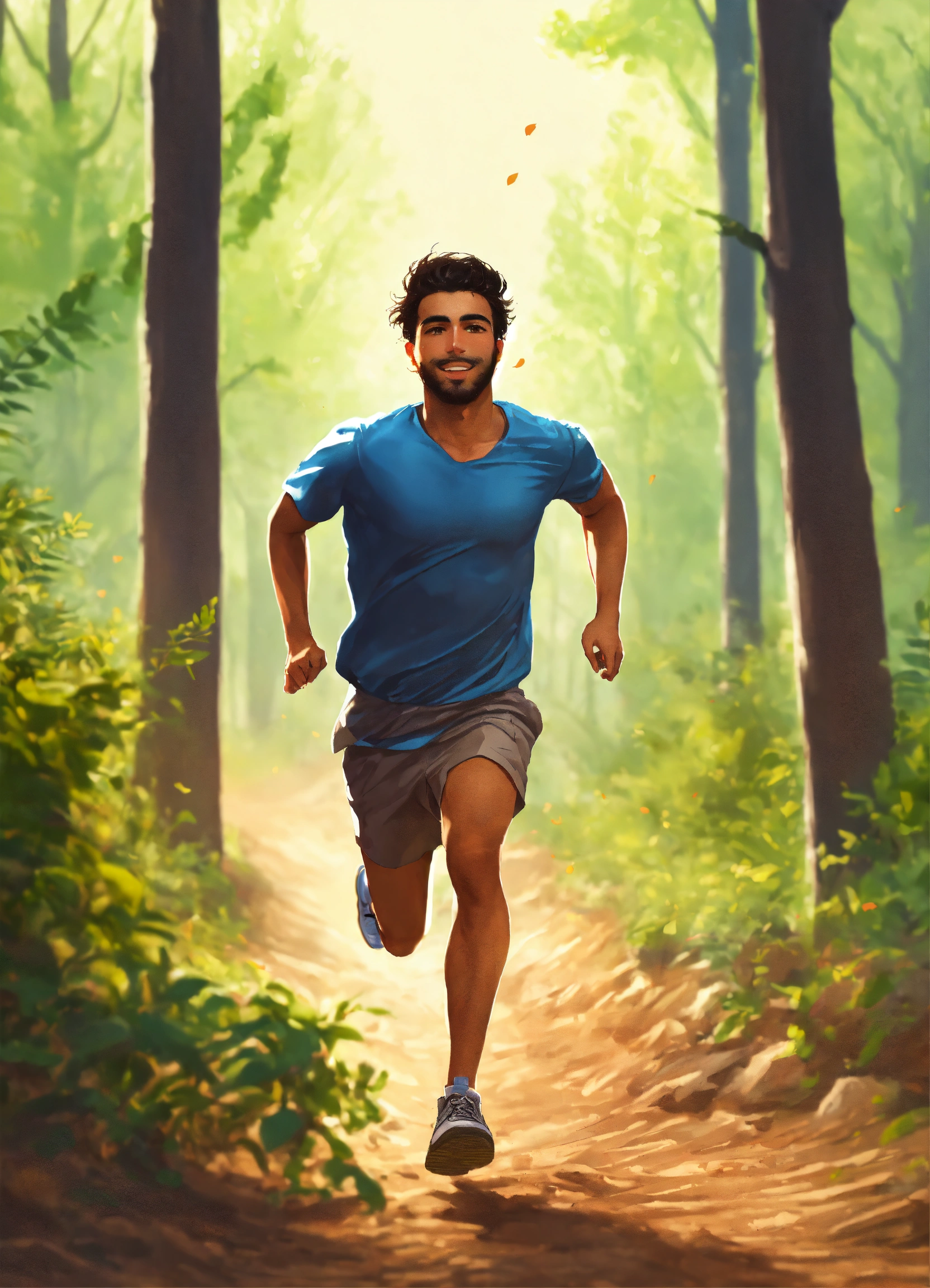 Lexica - A young Arab man running in a dirt path in the forest, feeling ...