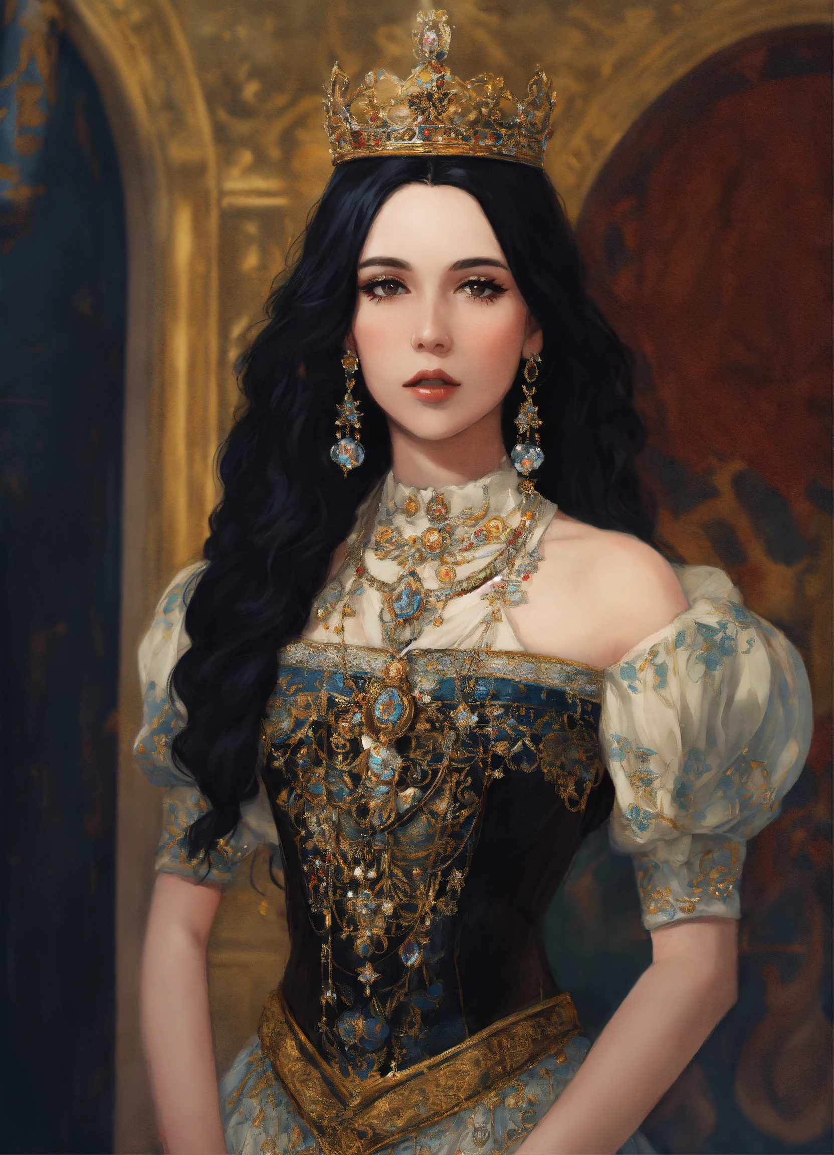 Lexica - Queen in reference style,White skin, full length, black hair