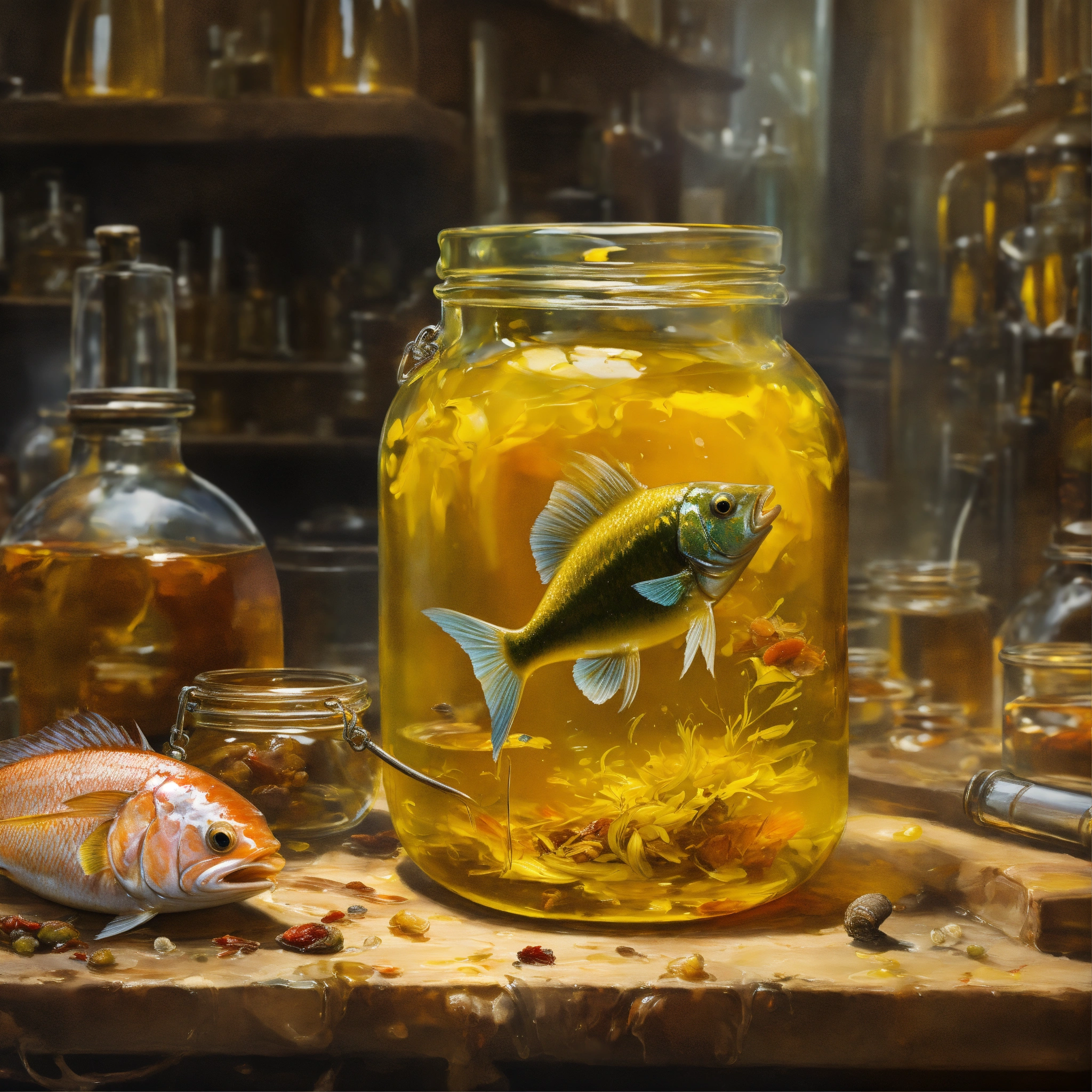 Lexica - Concept art of a vintage glass of yellow oil, fish head and ...