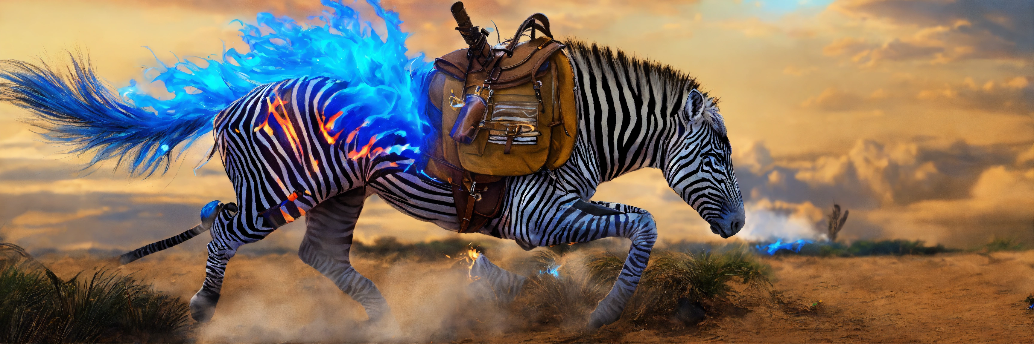 Lexica - Zebra with riding gear, with a mane and tail of blue flame