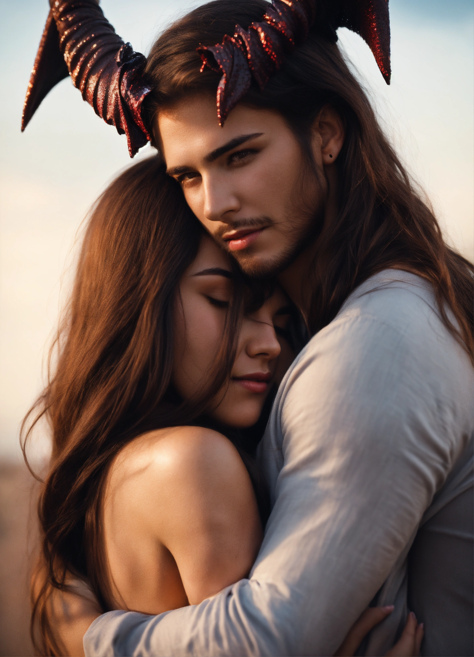 Lexica - Young beautiful woman with long brown hair hugs demon in the ...
