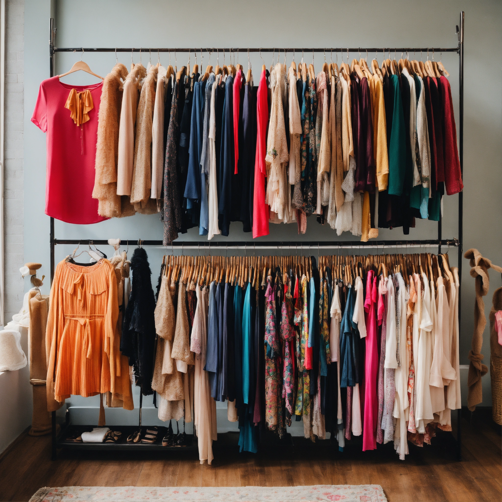 Lexica - A photo of a rack of women's clothing. The clothing is stylish ...