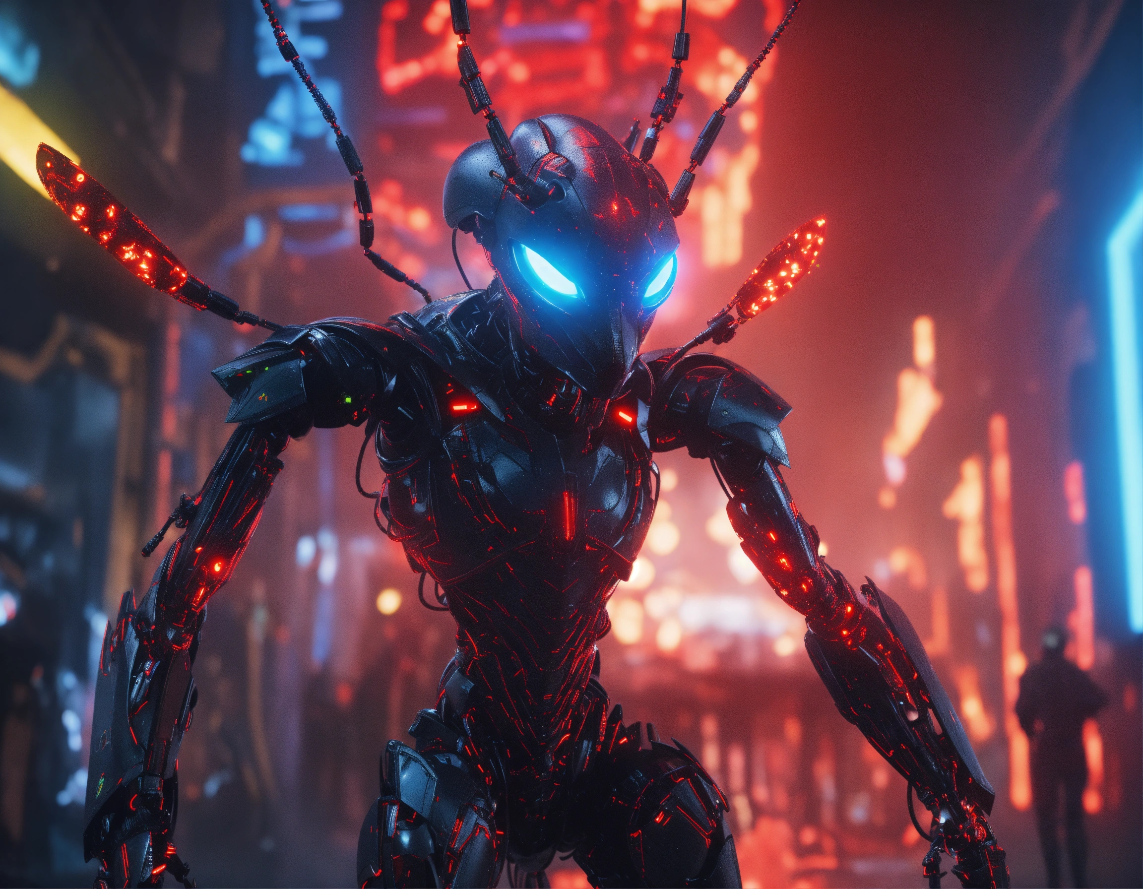 Lexica - Zoom out scene of 4 leg standing black ant faced humanoid with ...