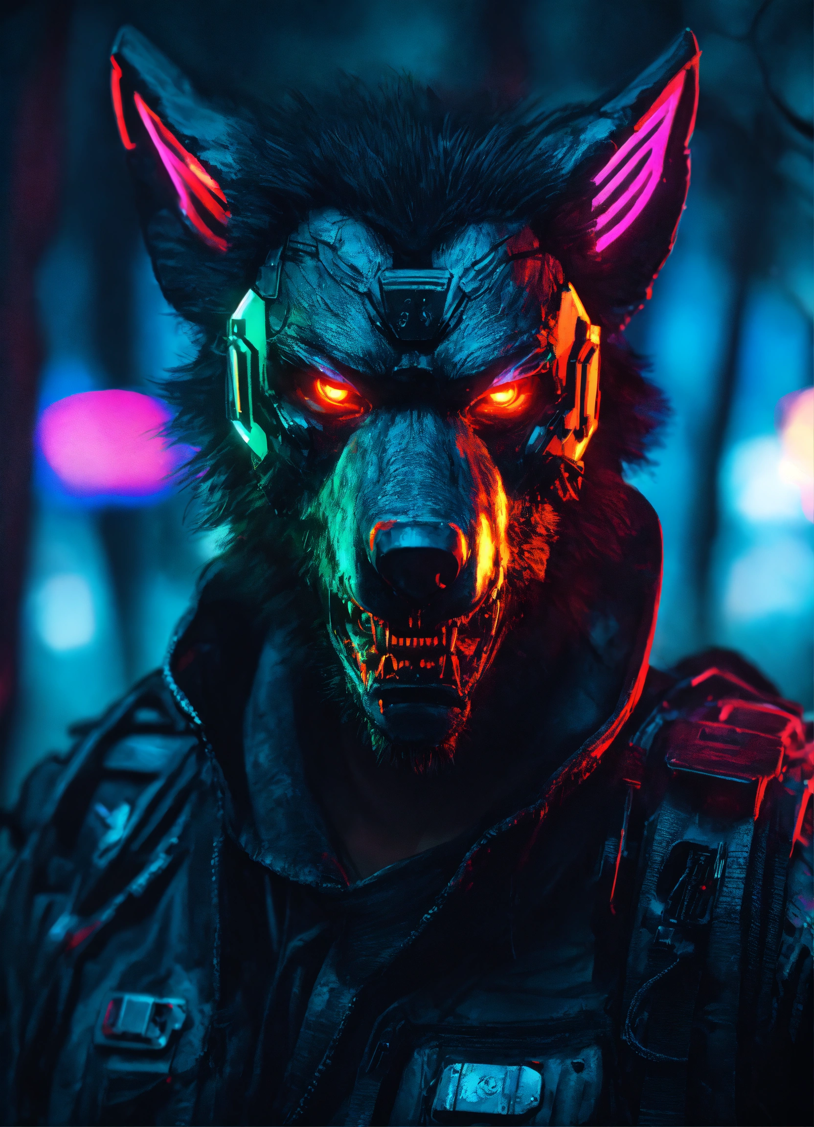 Lexica - Cyberpunk werewolf face in the forest, neon lights, ultra ...