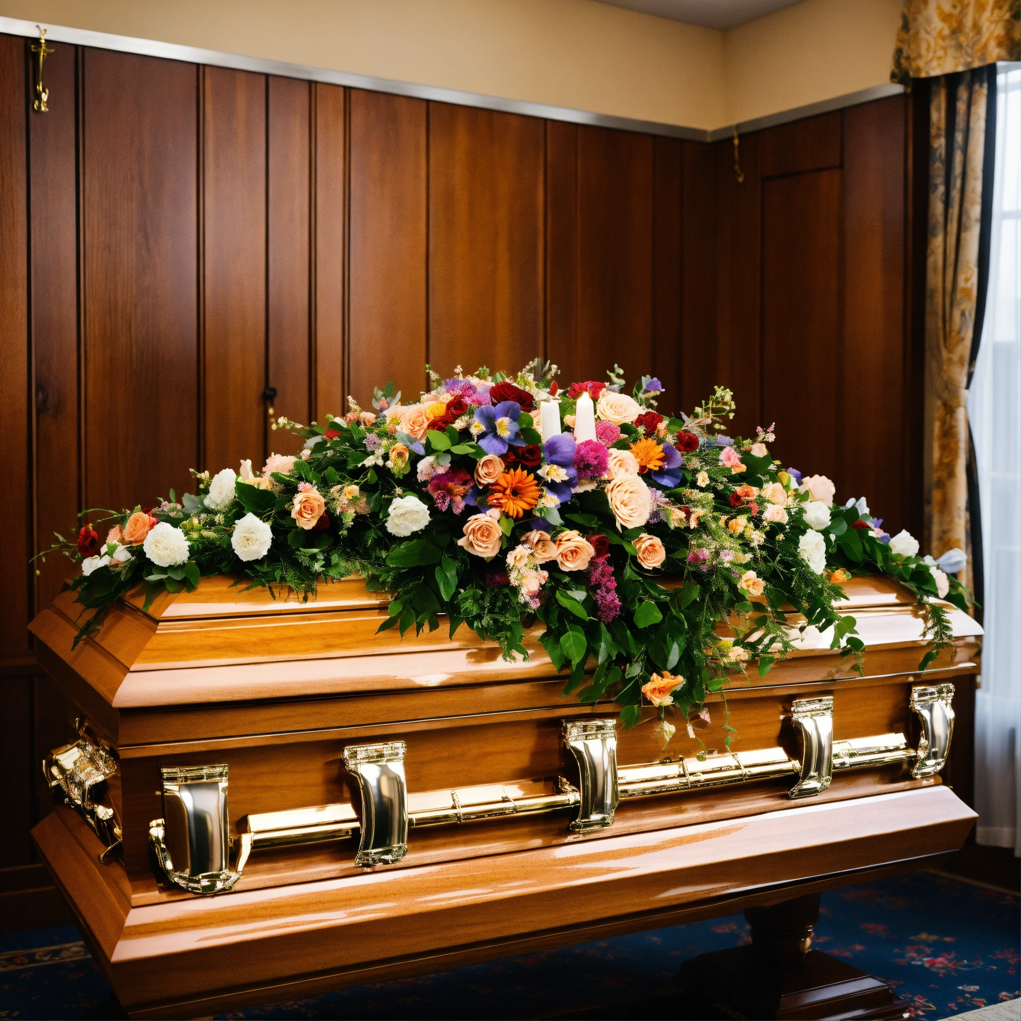 Lexica A photo of a casket in a funeral home. The casket is open and