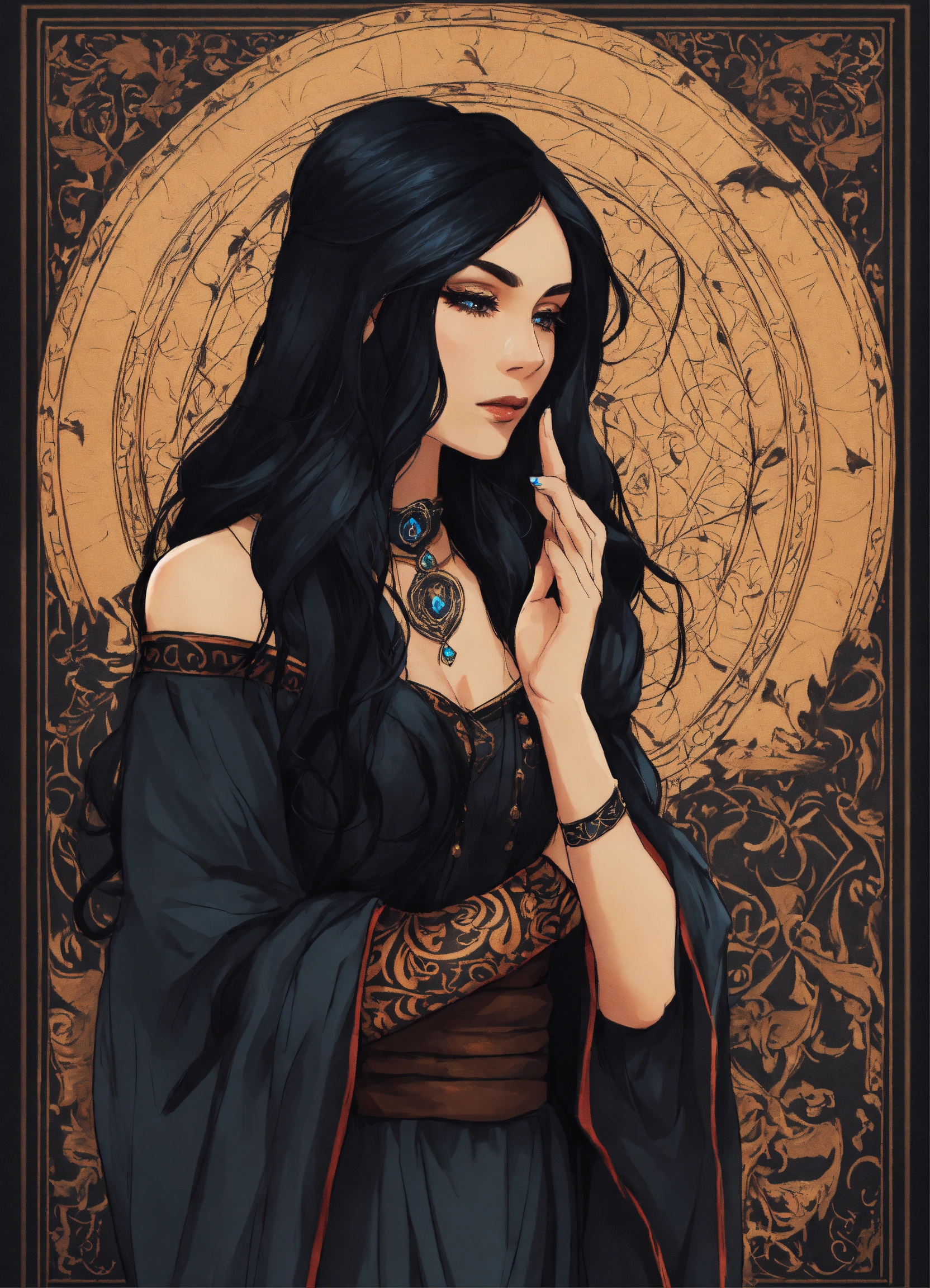 Lexica - A beautiful sorceress with long black hair dressed in a black ...