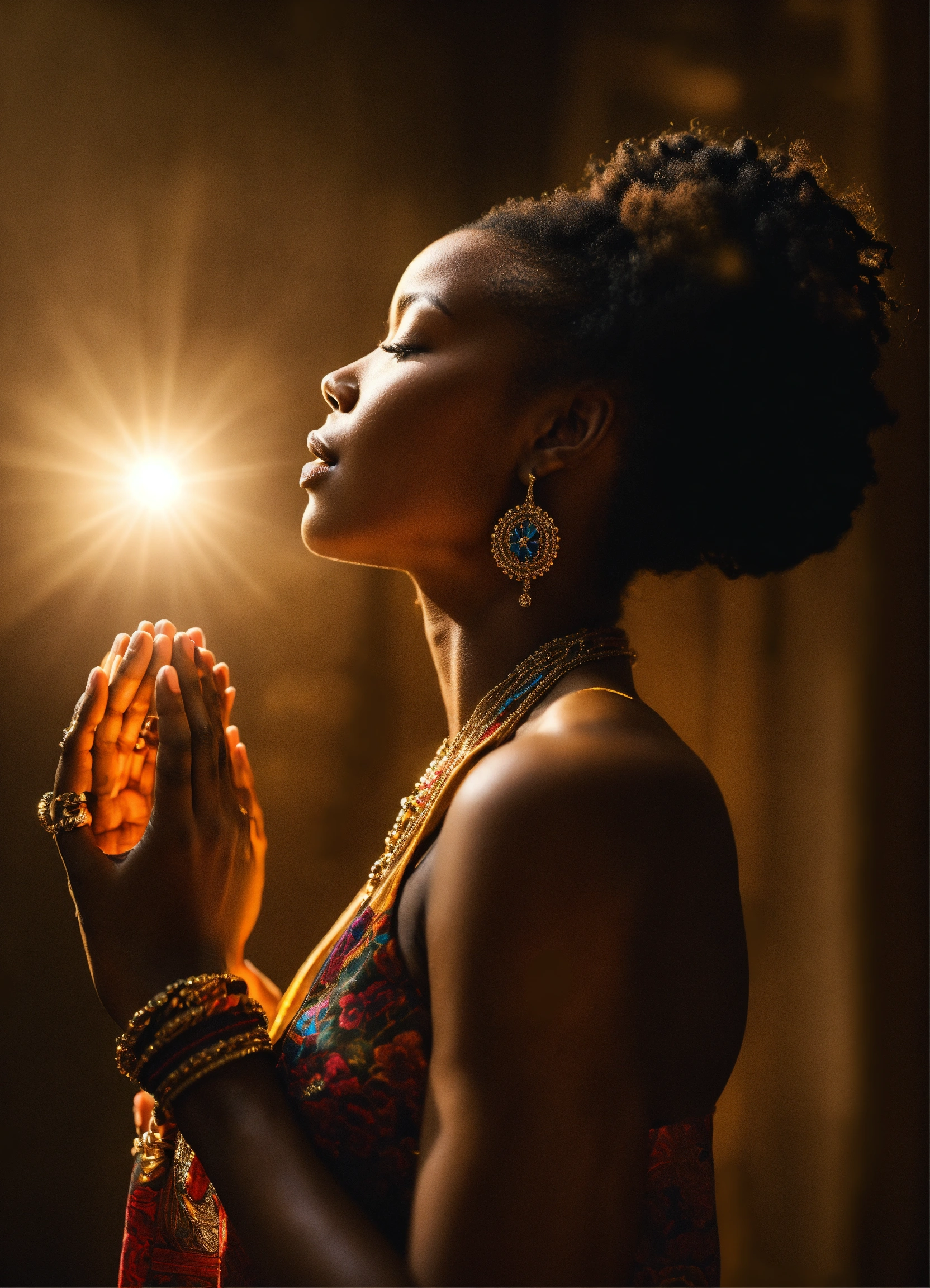 Lexica - A black woman with her back praying to god, shine,