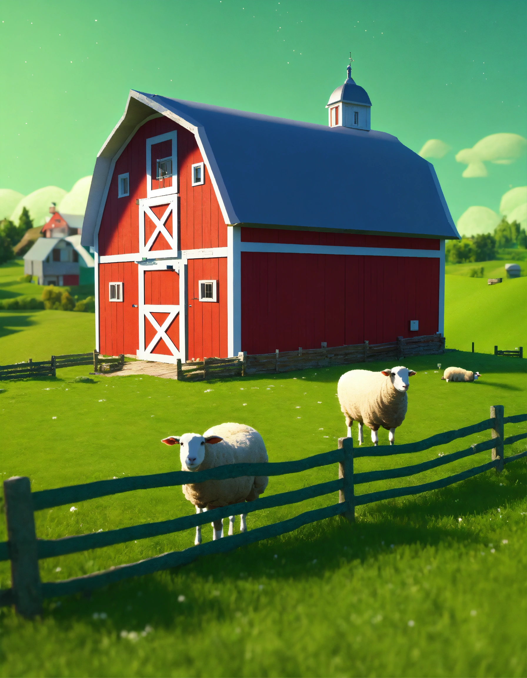 Lexica - Red barn with open door on green grass in village 3d render ...