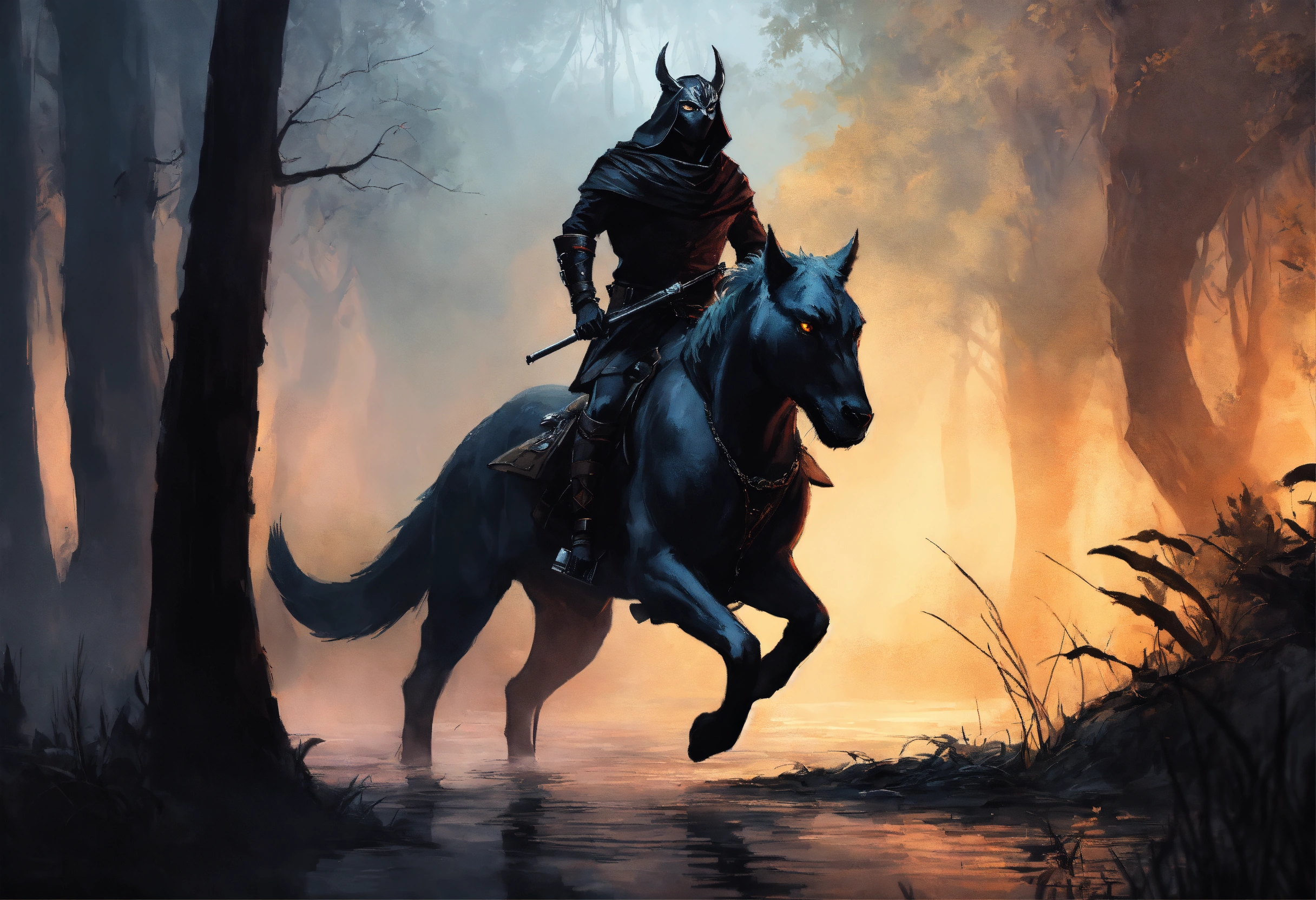 Lexica - Fantasy Digital Painting, Man in black combat cowl riding a ...
