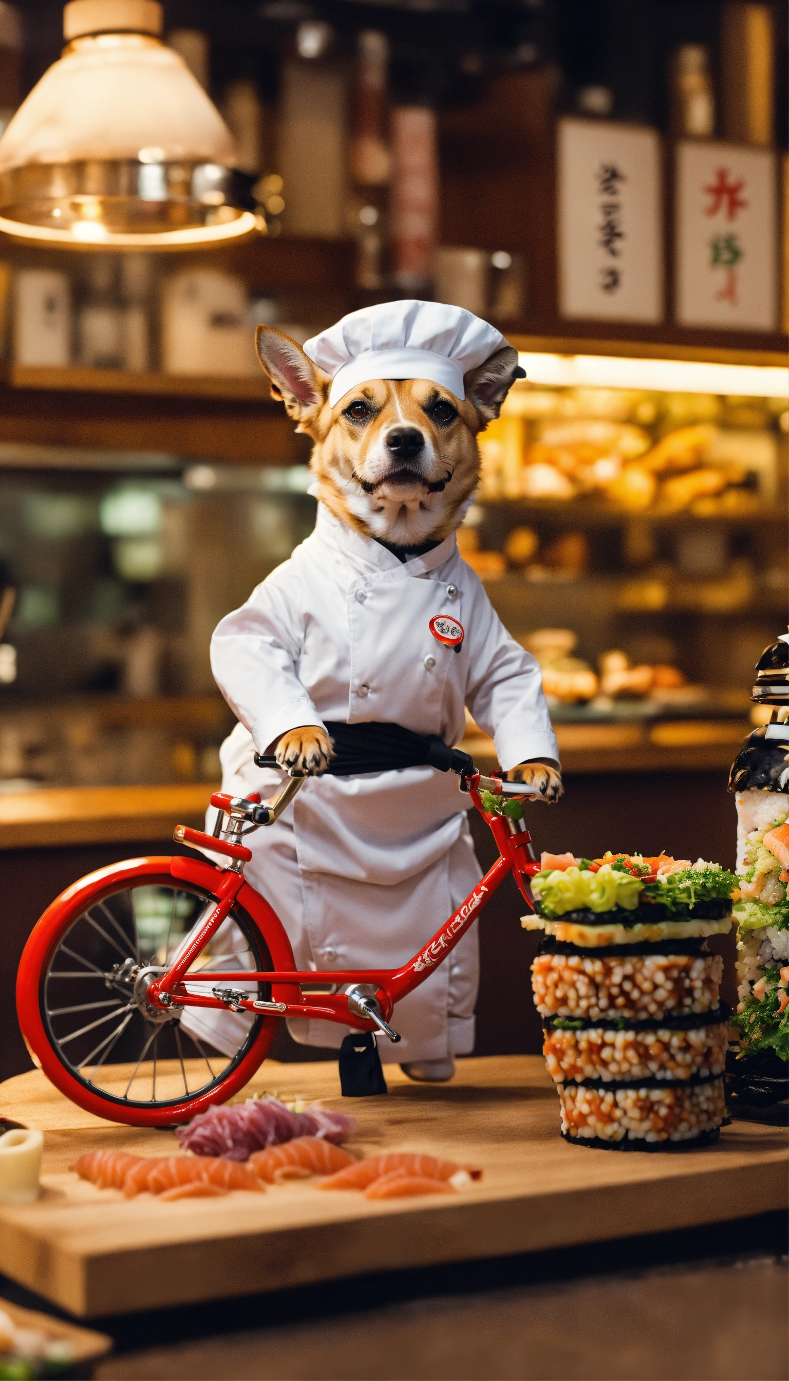 Lexica - Generate an image of a dog riding a bicycle as a sushi chef ...