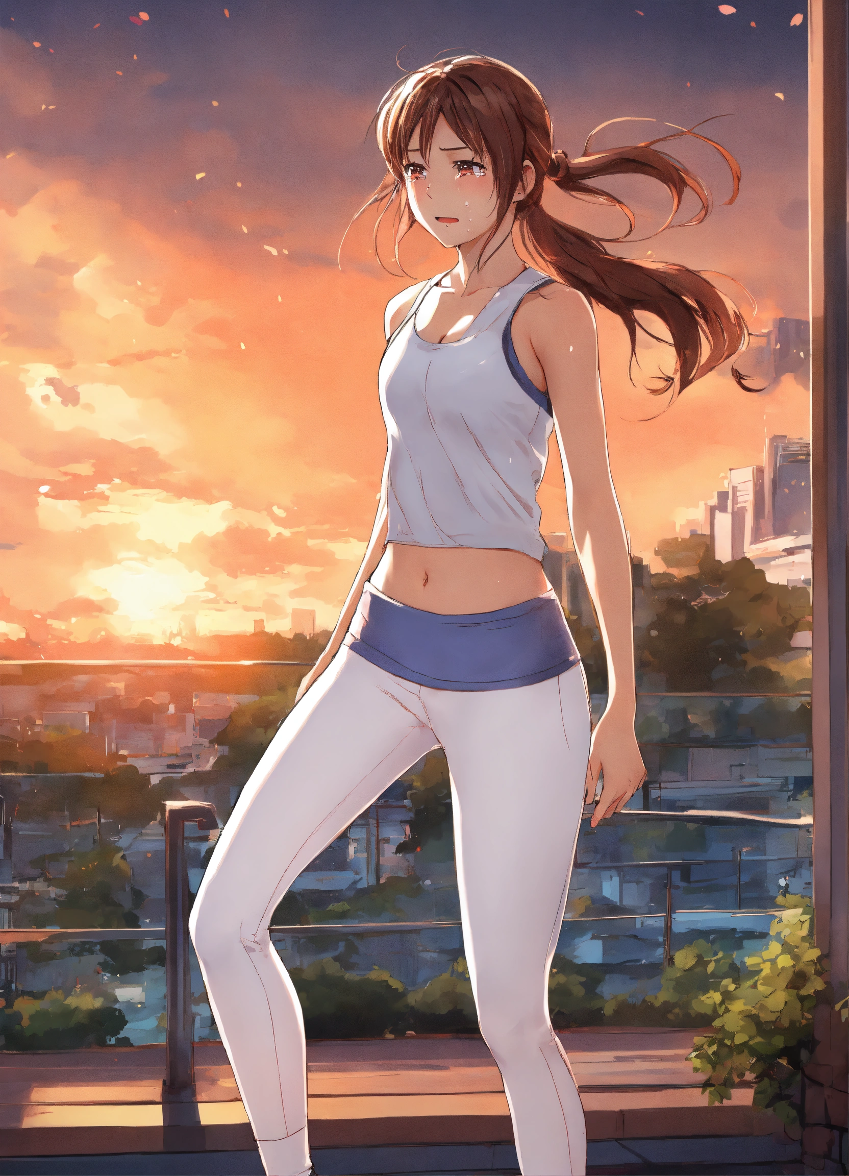 Lexica - 18, girl , running, yoga top, anime, crying, white leggings,