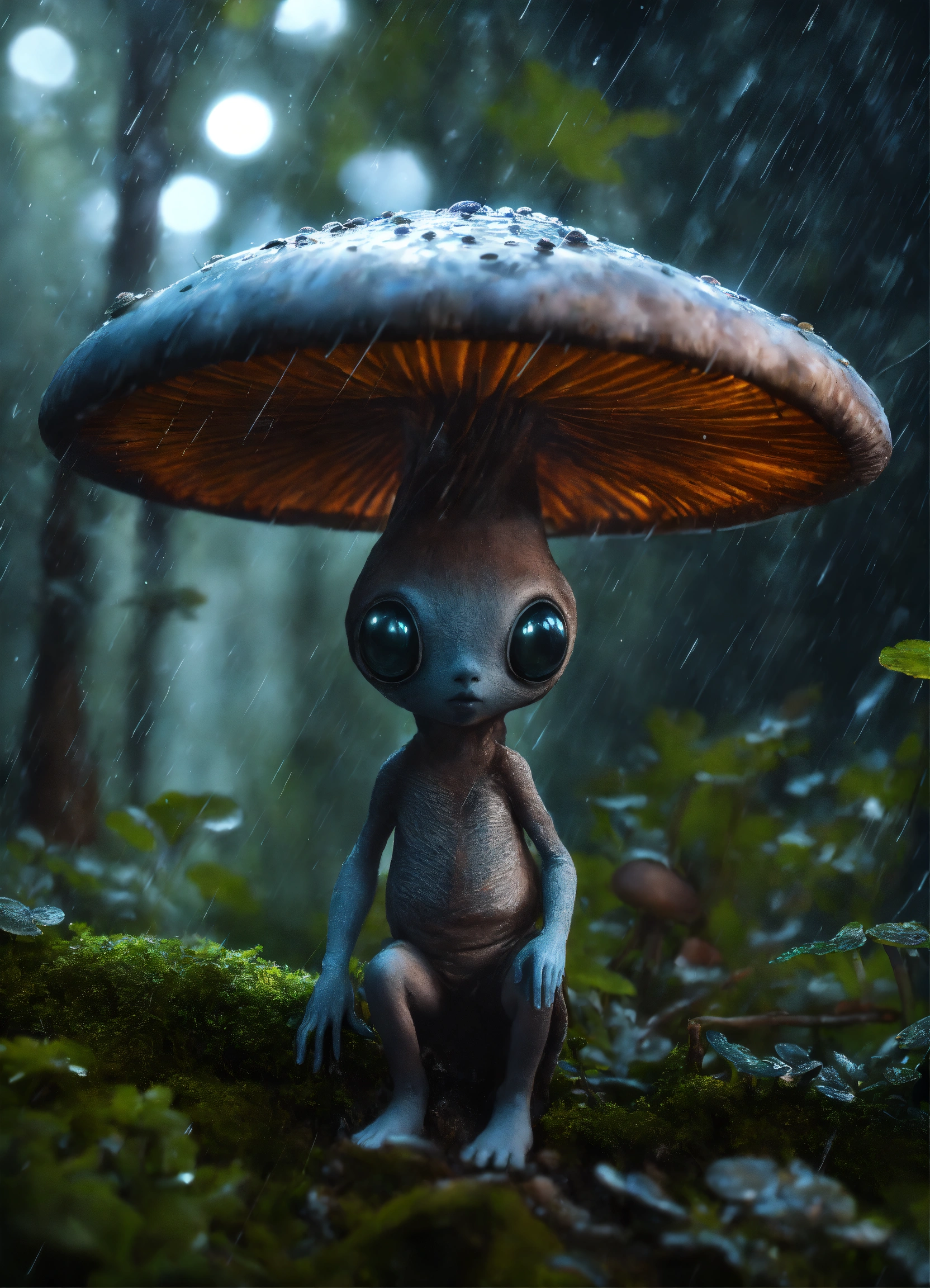 Lexica - A realiste grey alien , big eyes blacks , mushrooms in trees ...