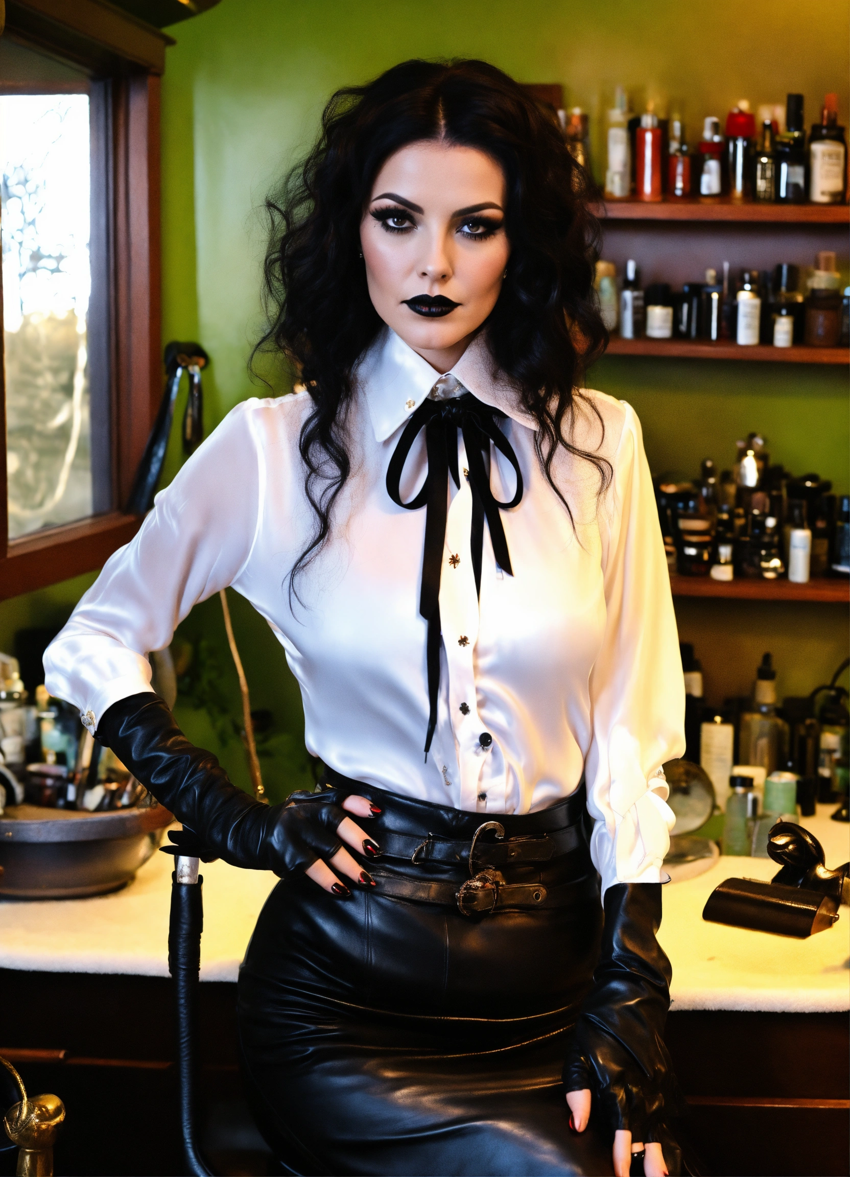 Lexica - Beautiful occult Goth Witch Hair Stylist wearing a white silk ...