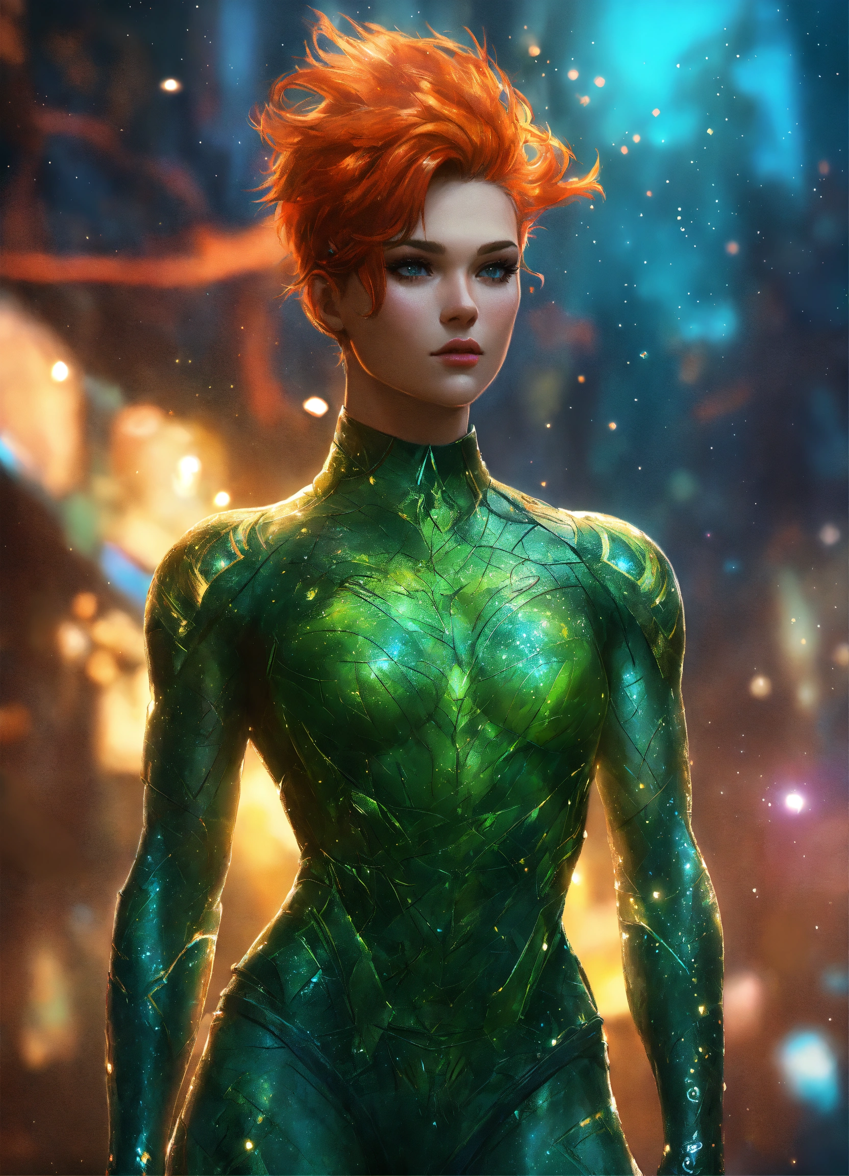 Lexica - Beautiful villain with short hair, sidecut, pixie cut, mohawk,  poison ivy, Extremely Muscular, Lazer eyes, big muscles, on full-body view,  u...