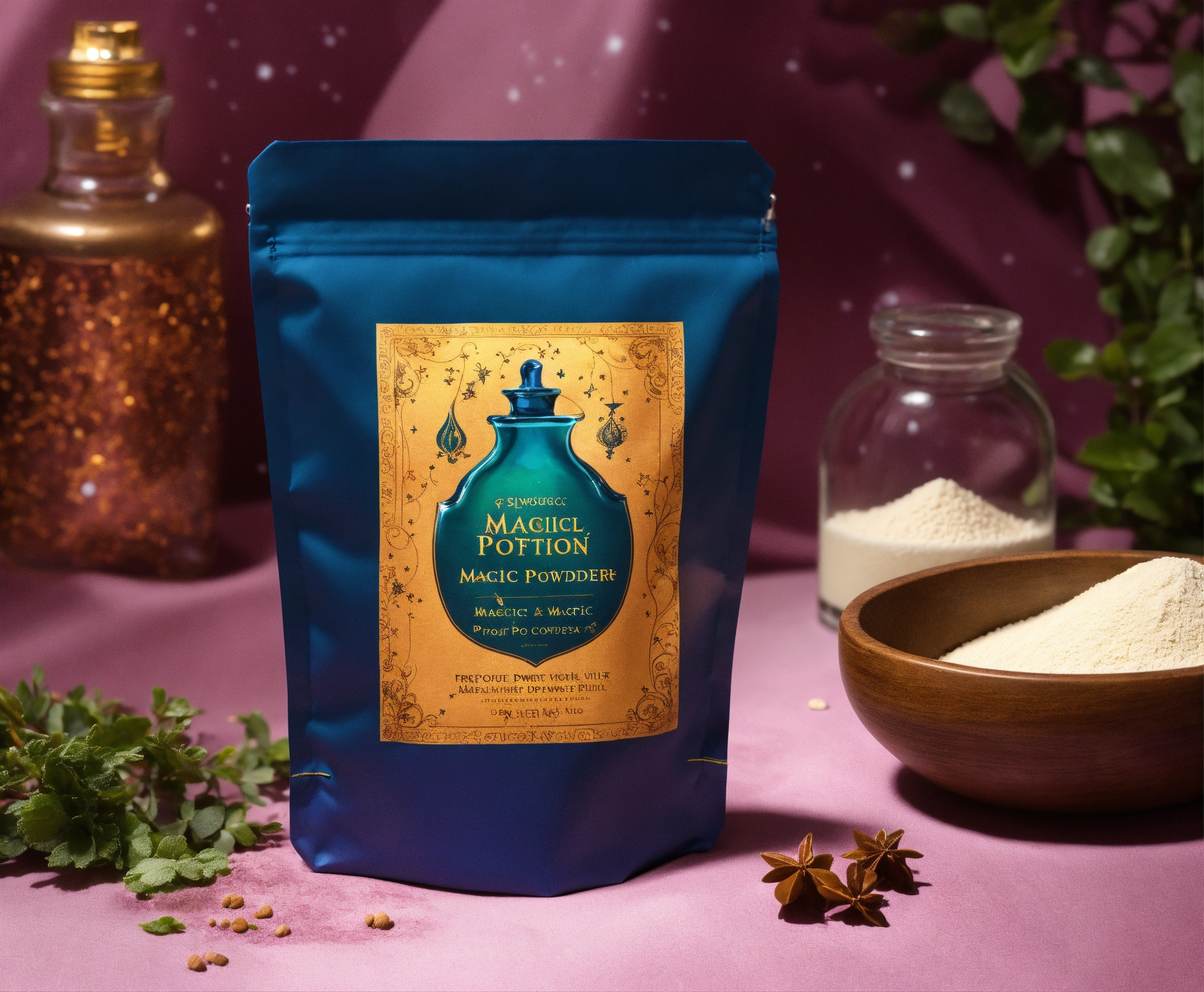 Lexica - Front angle product shot of a magical powder potion stand up ...
