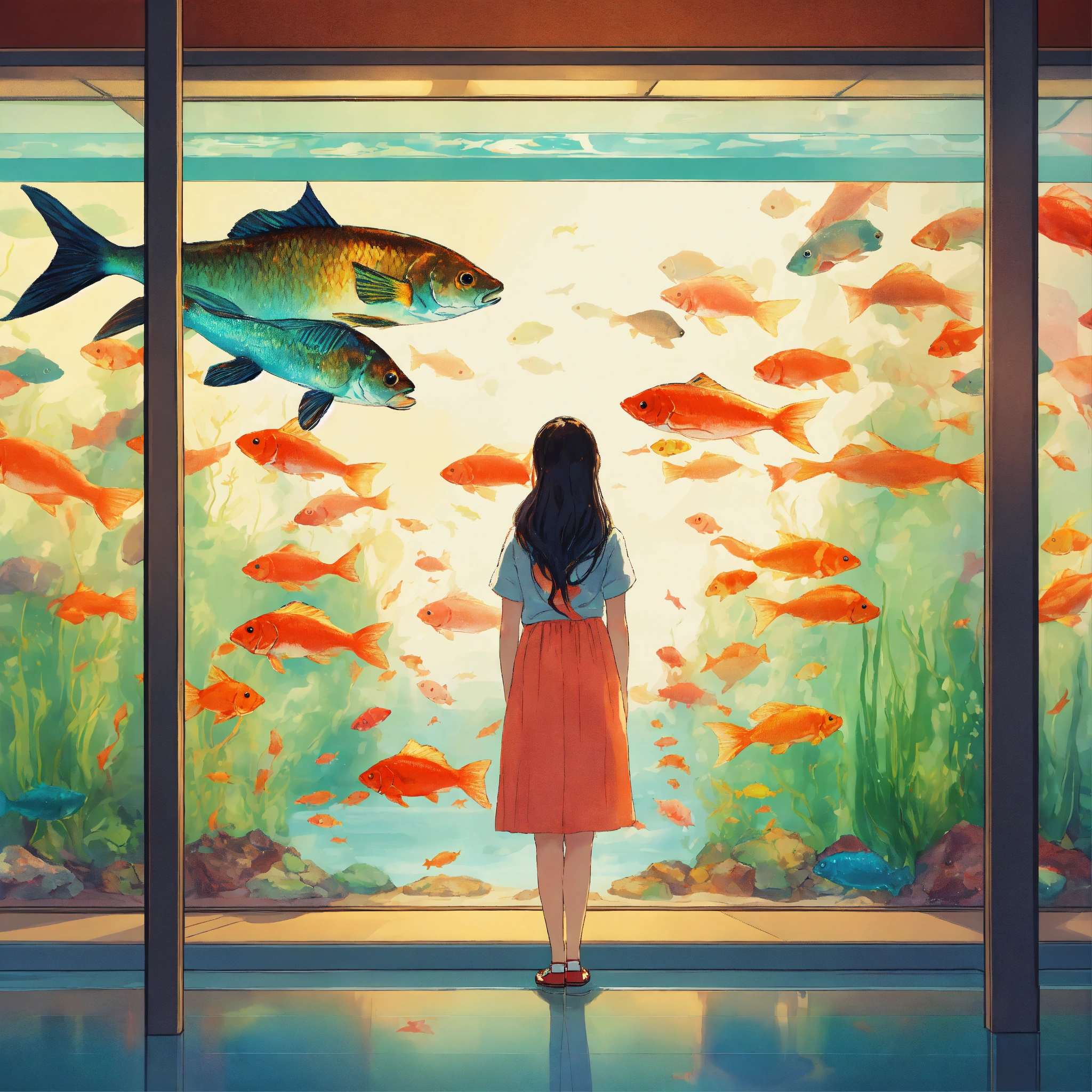 Lexica - An Asian girl stands behind a large fish tank, we see her ...