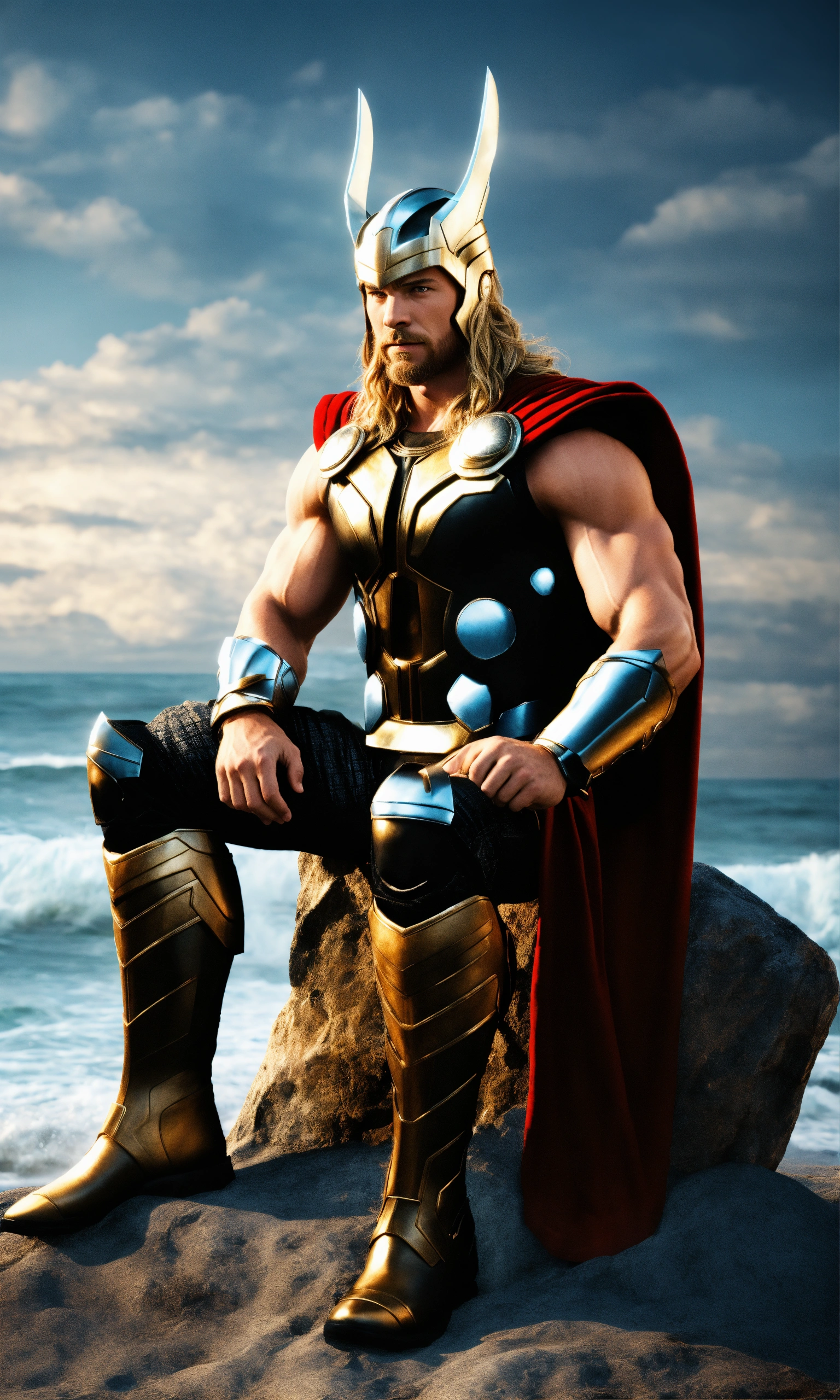Lexica - Thor on seaside full-body, contrast background 3D render, sitting