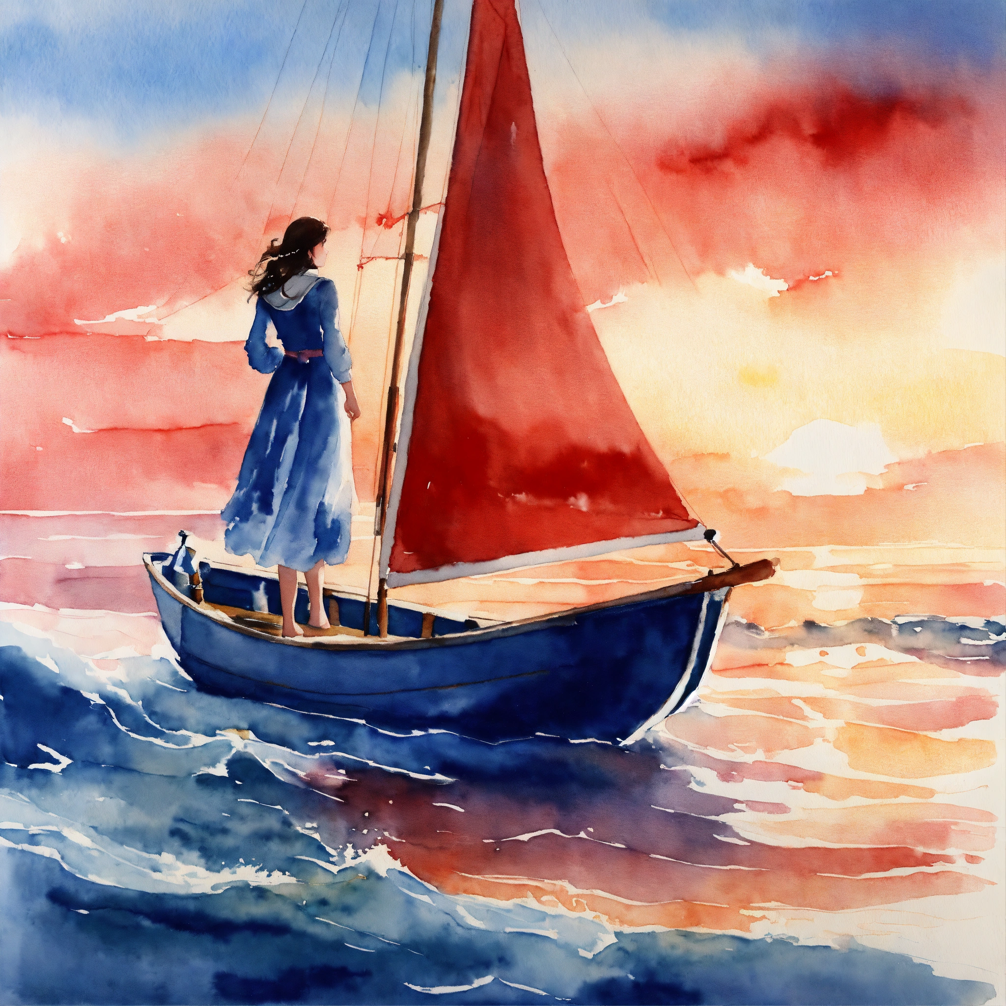Lexica - Watercolor picture of a woman in long romantic blue dress ...