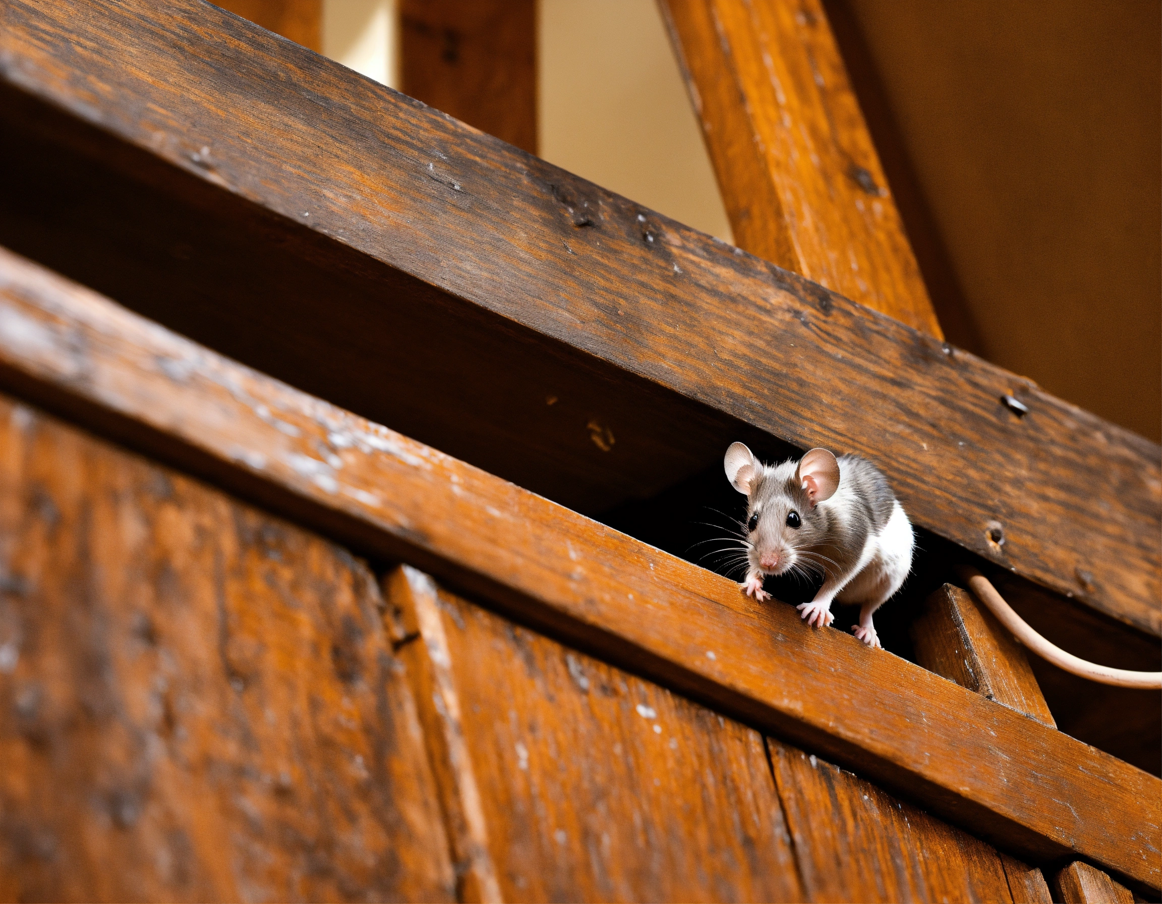 Lexica - A mouse on a wooden rung of an attic staircase