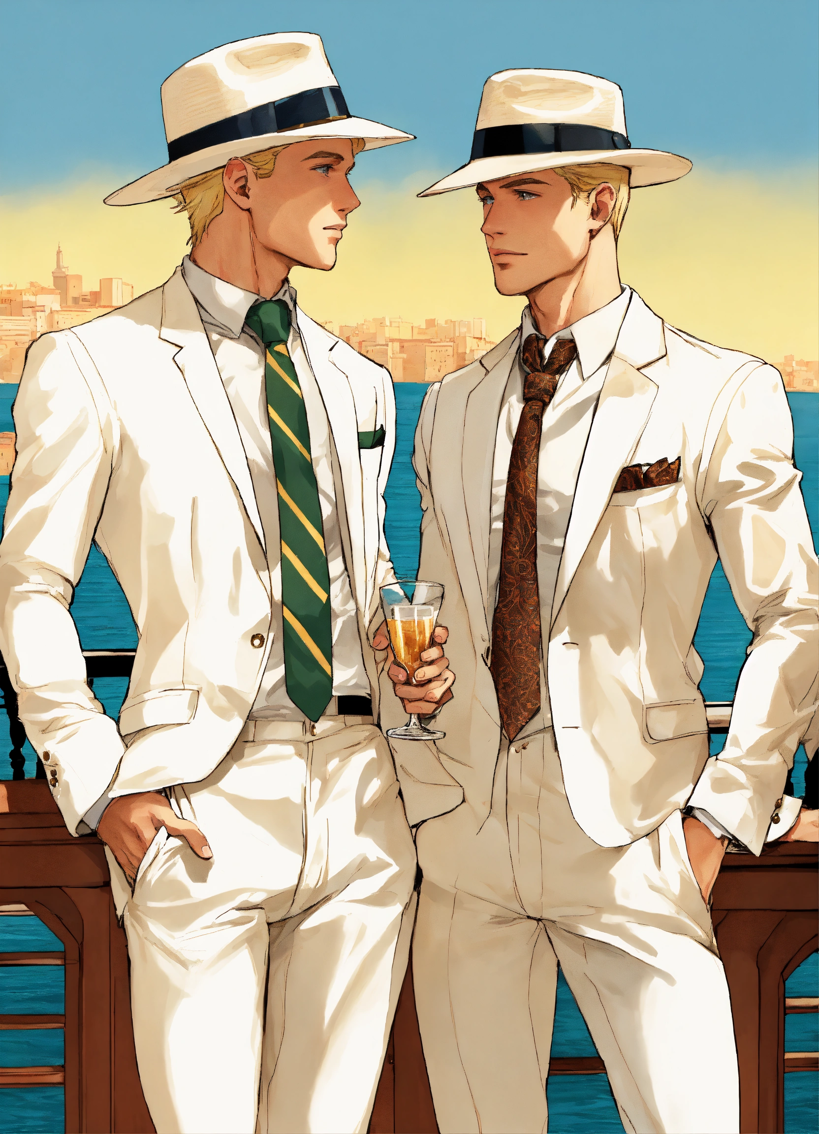 Lexica Two blonde muscled sportsmen in white summer suit club