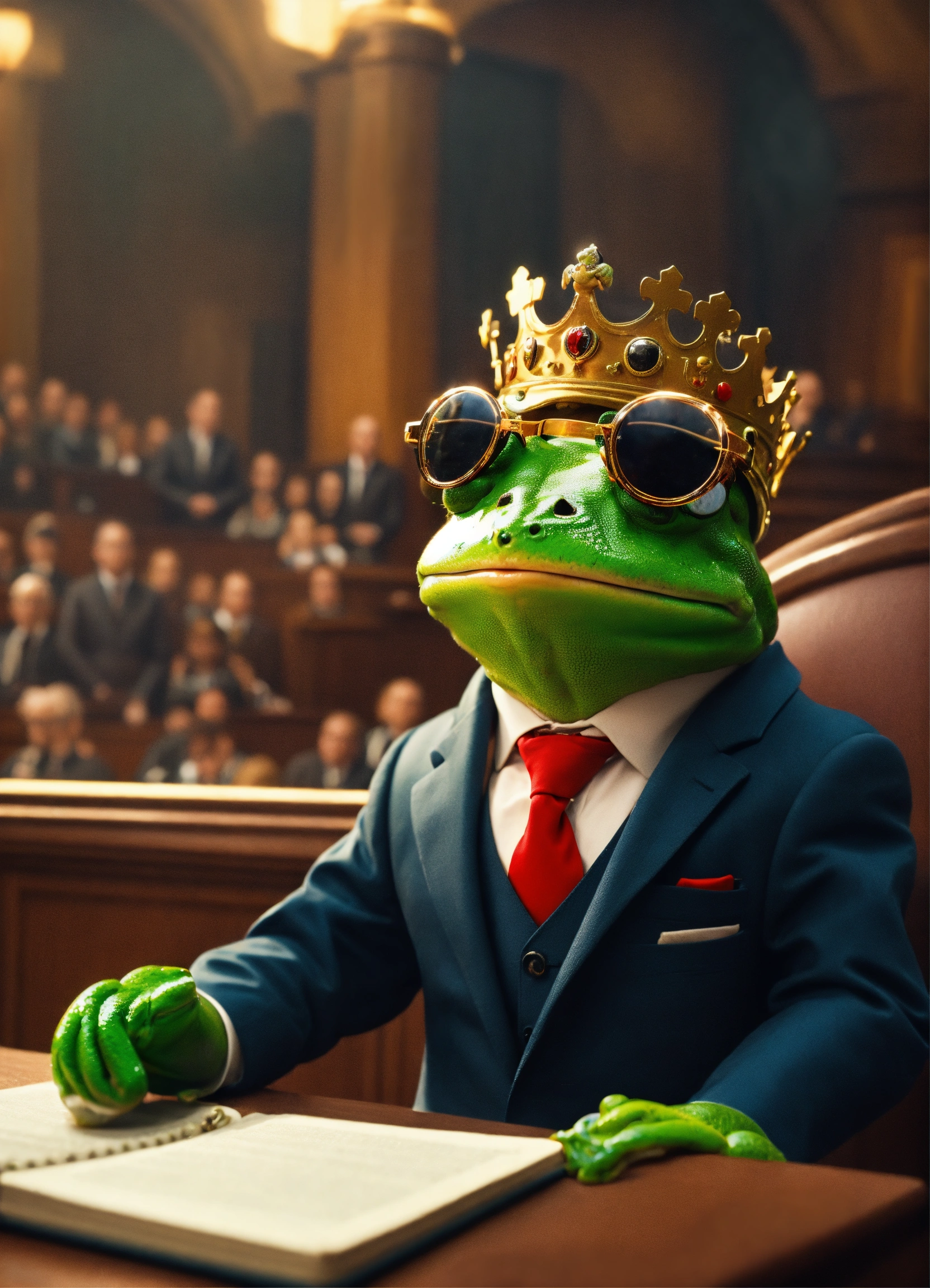 Lexica - Cute frog in suit and glasses in crown court defending warm in ...