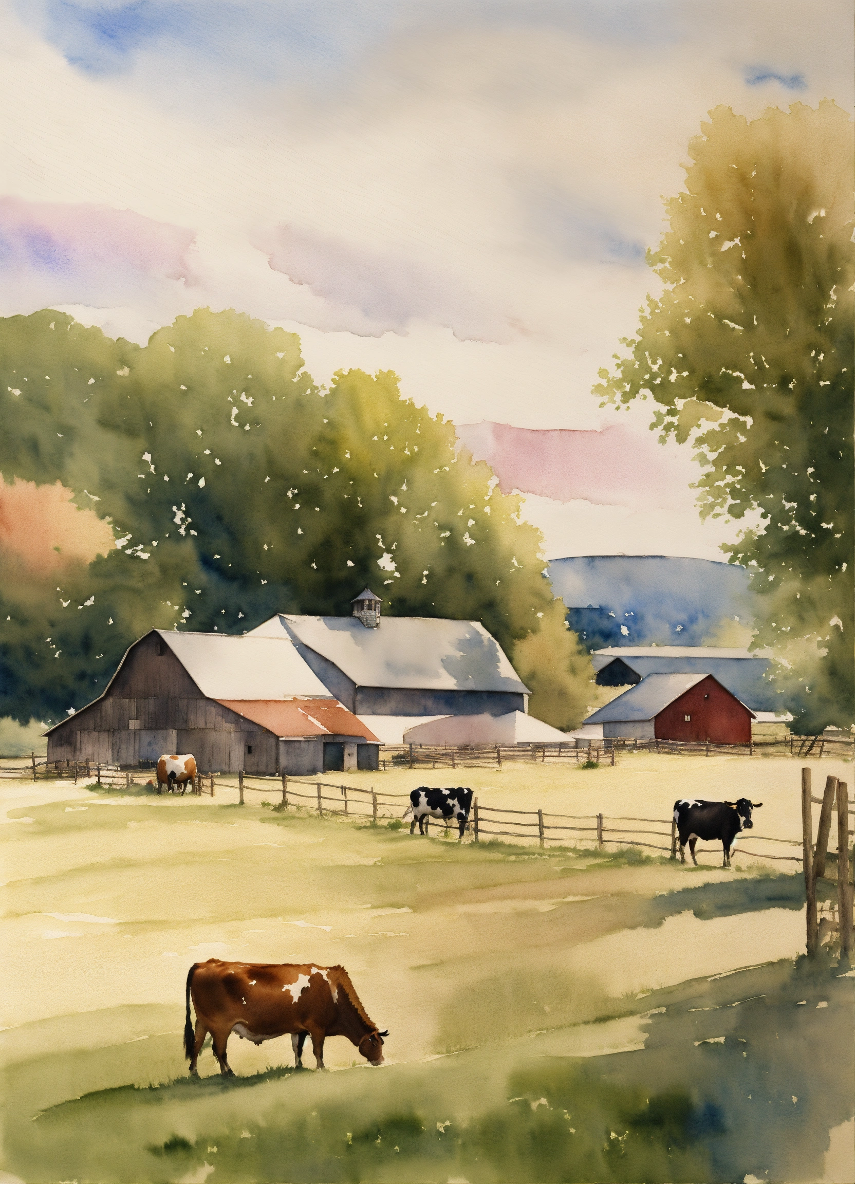 Lexica - Watercolor painting of a large farm, with a barn and cows