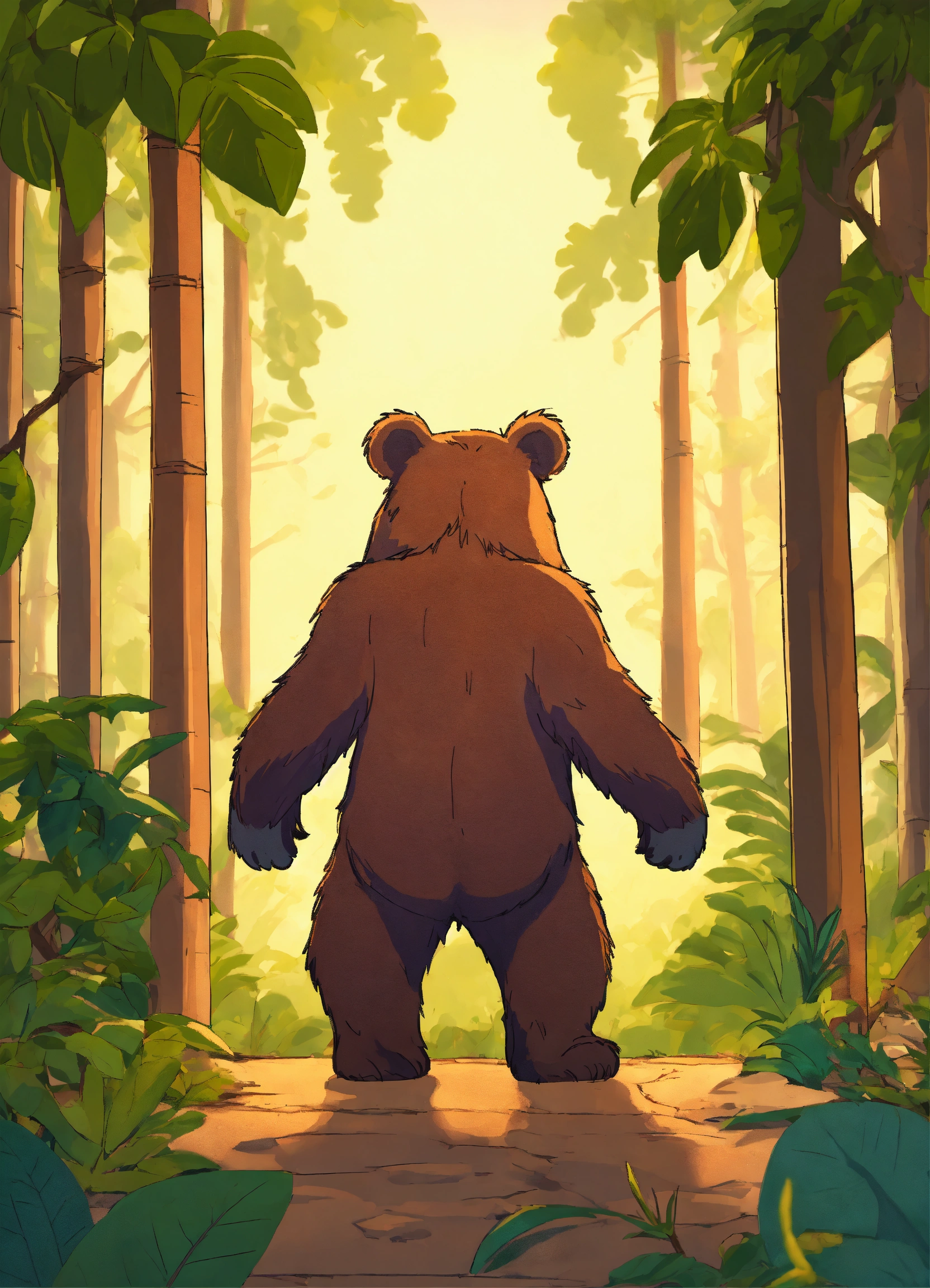 Lexica - Let cartoon bear stand on two legs in jungle back view