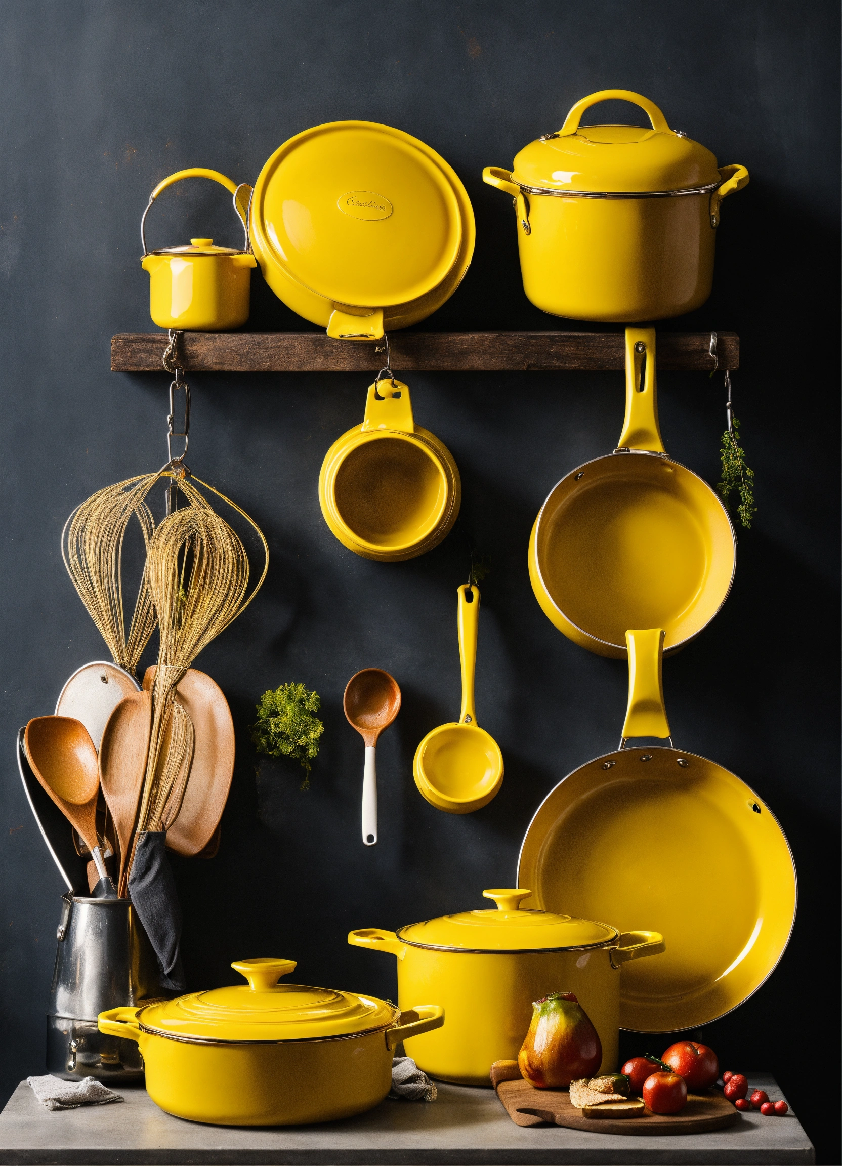 Lexica - Different elements of yellow cookware and a hand bag hanging ...
