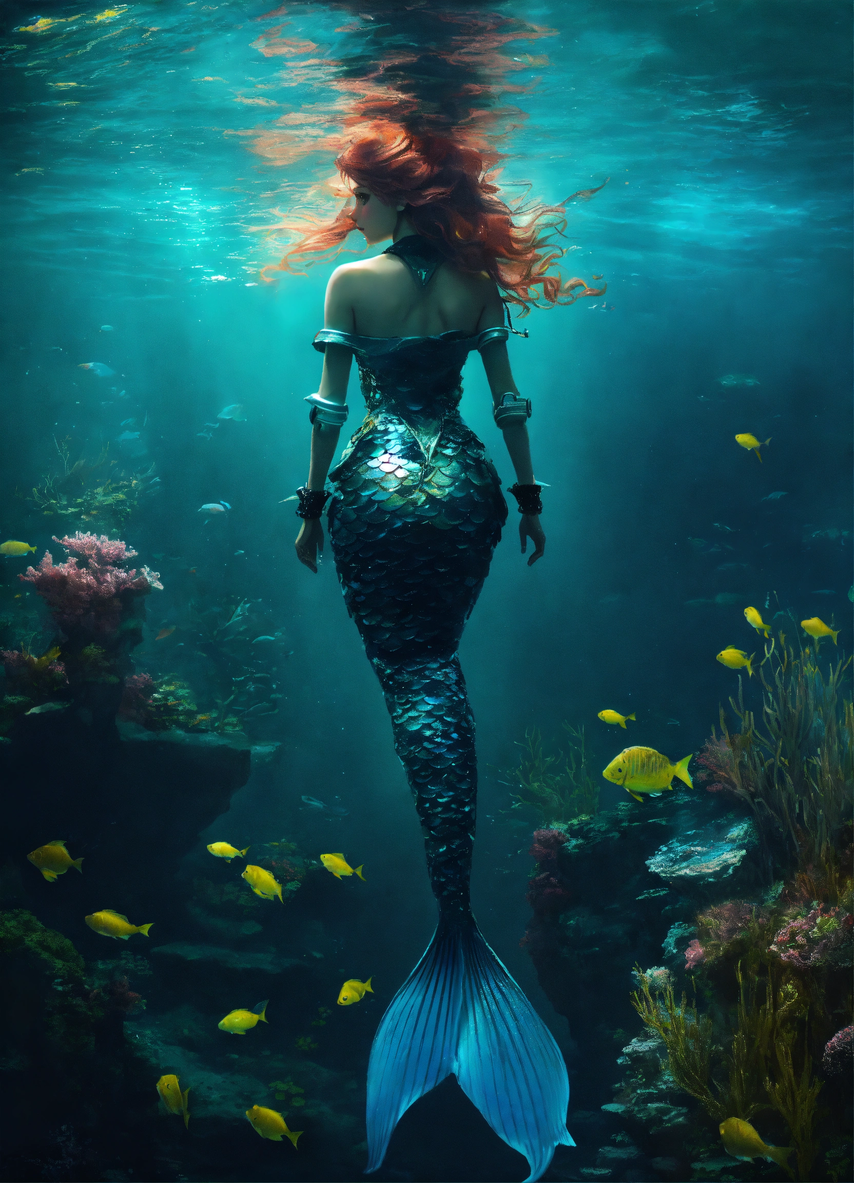 Lexica - A robot mermaid in the bottom of the sea, dark light , whit a ...