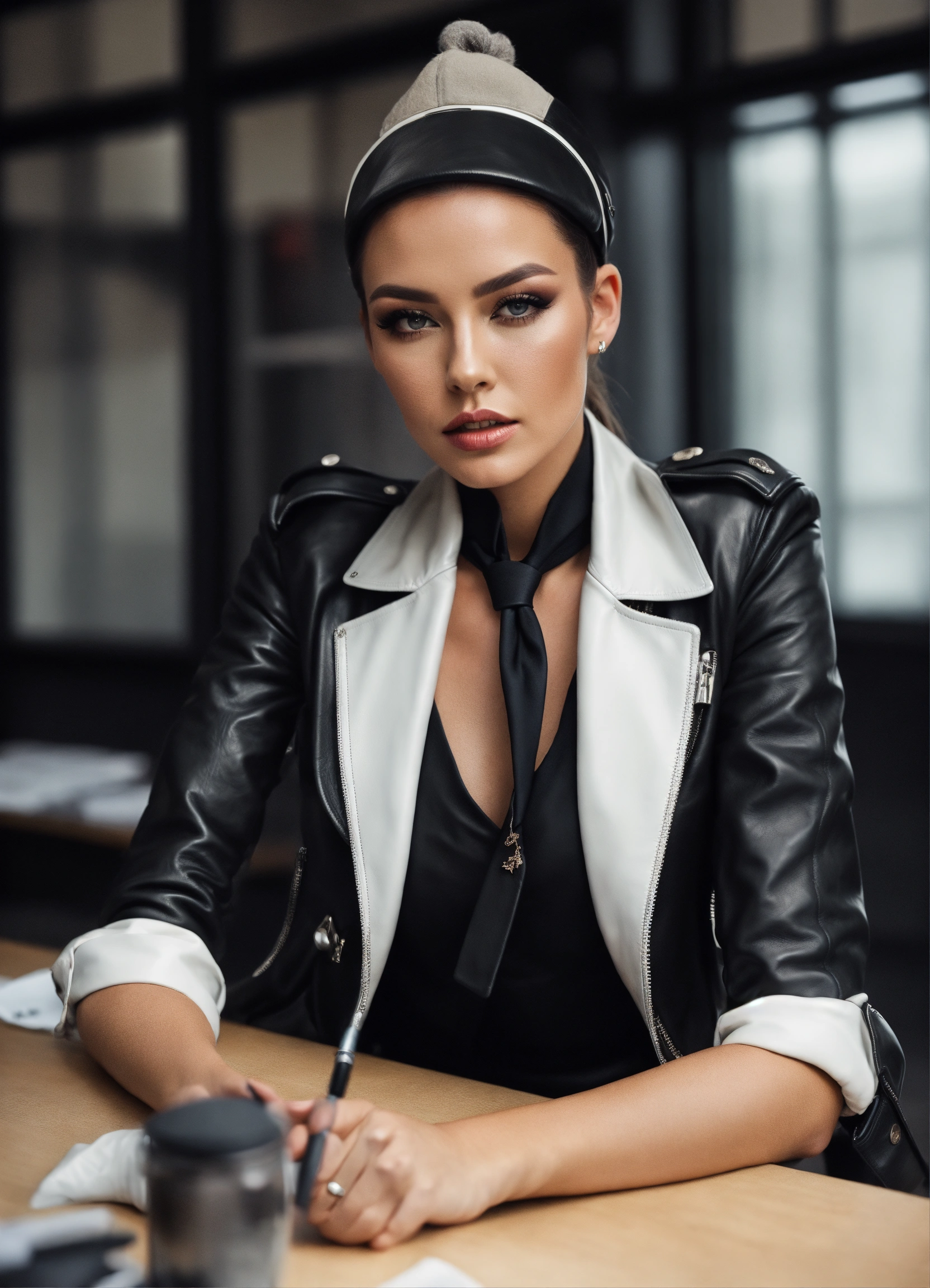 Lexica - British model, Distinctive face, full lips, lela star, wearing  business suit, black leather biker jacket and black leather skirt, white  shir...