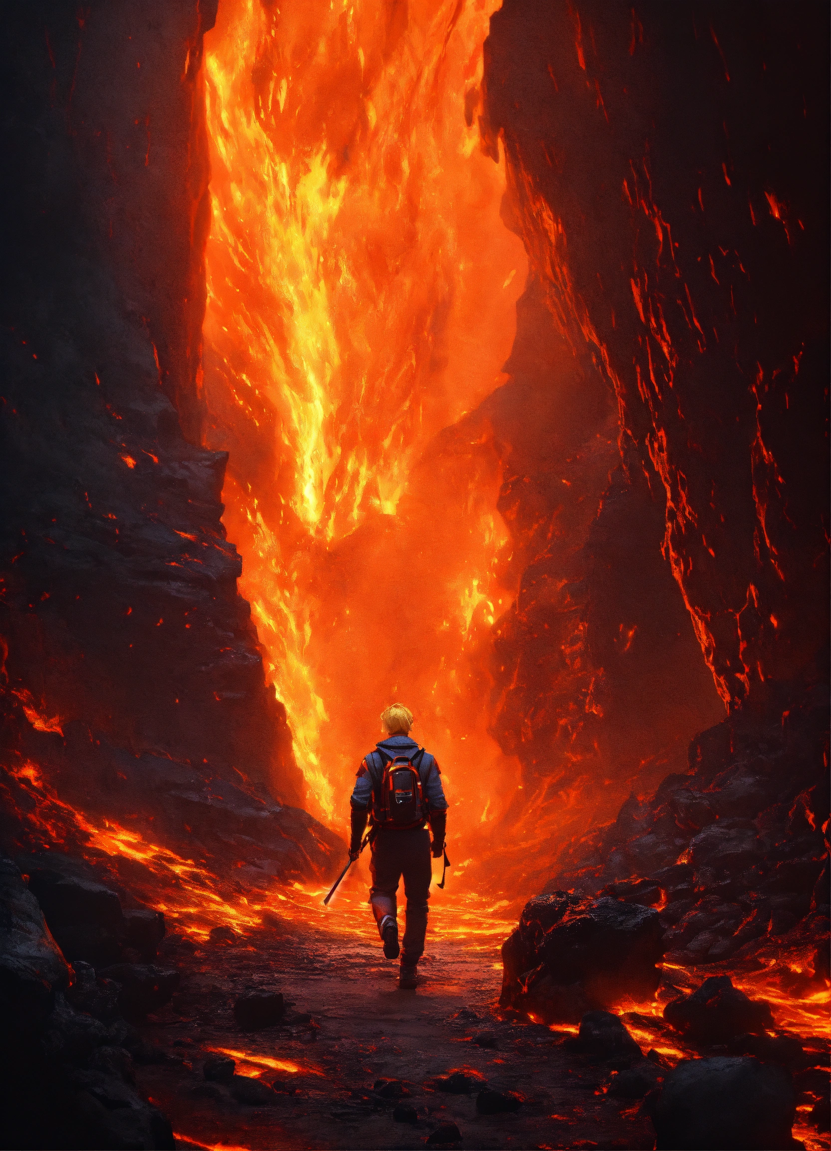 Lexica - Dark cave with lava, and a man, dressed in might, blonde hair ...