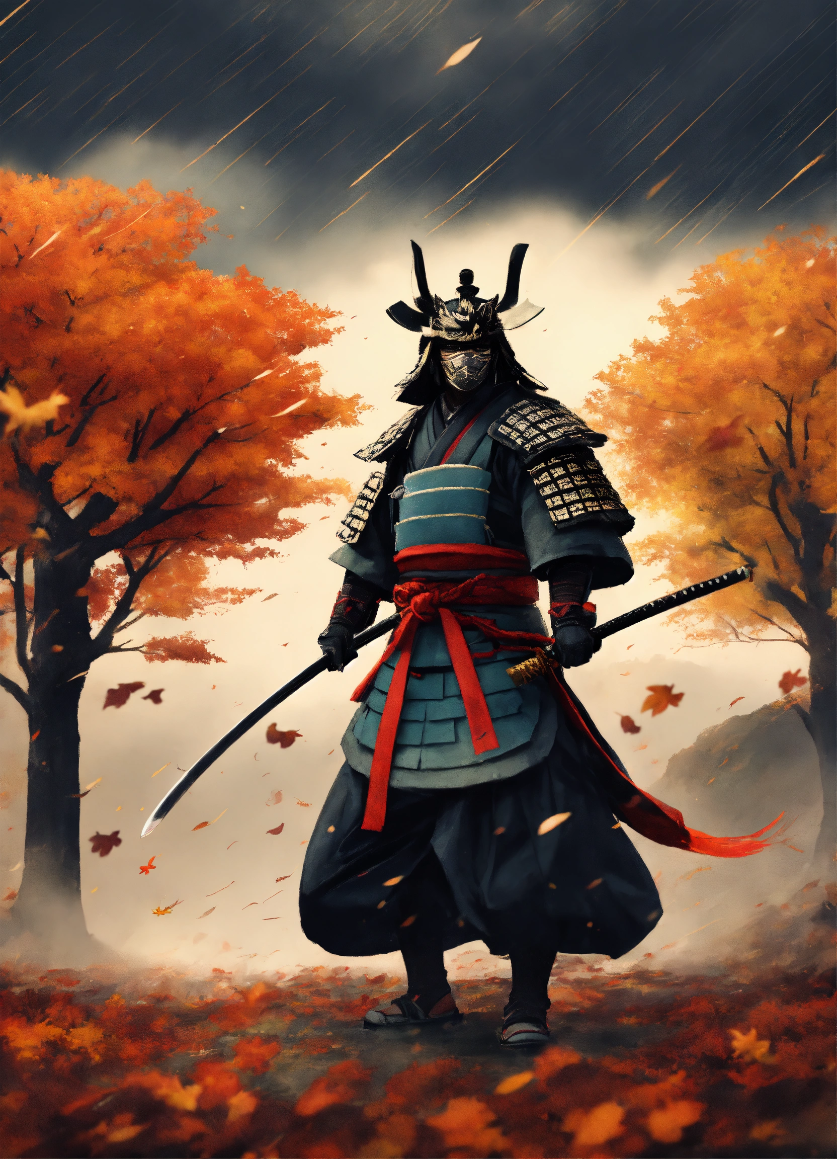 Lexica - Animated. Samurai with black mask. Standing in an autumn storm.