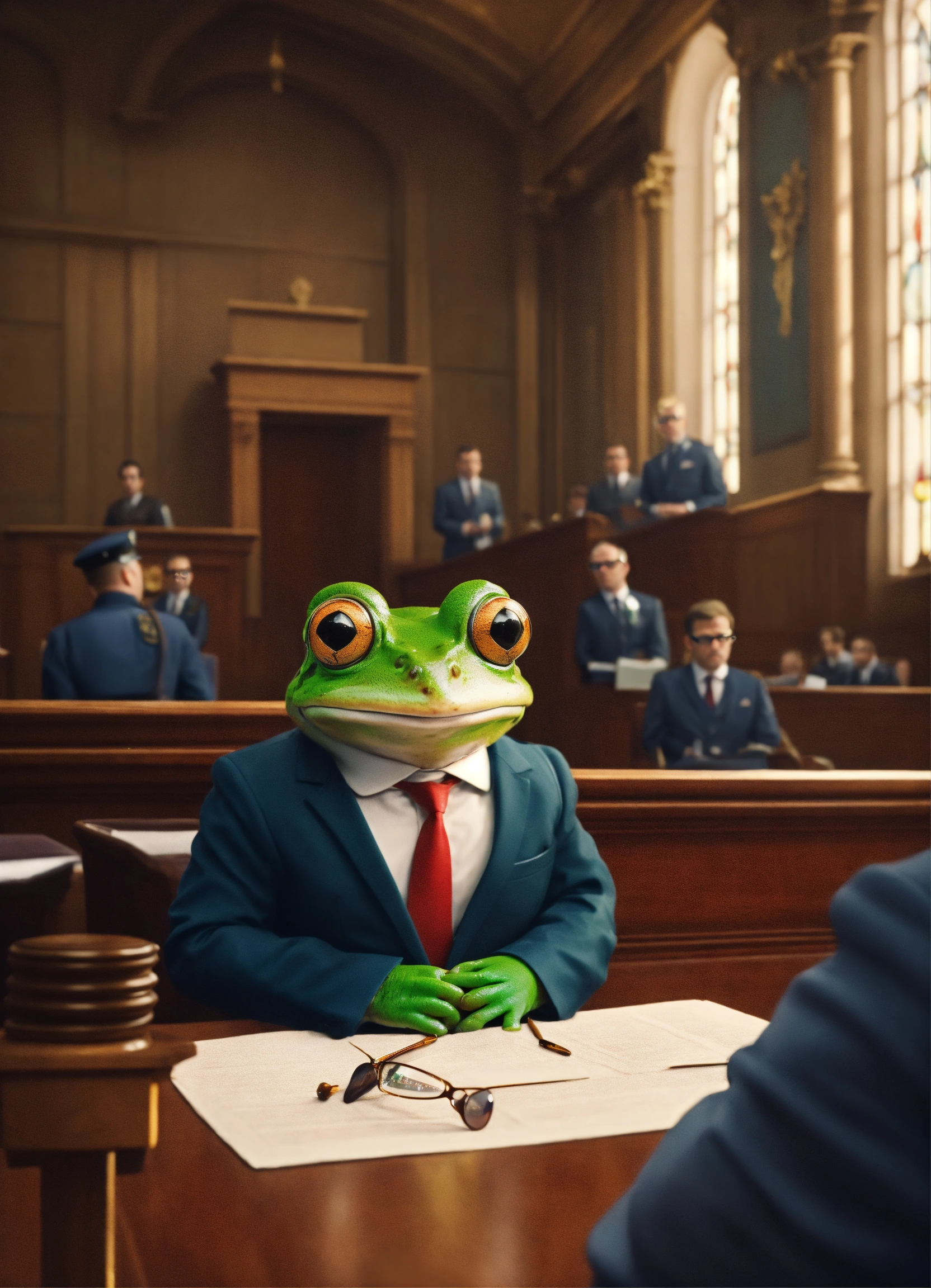 Lexica - Cute frog in suit and glasses in crown court defending warm in ...