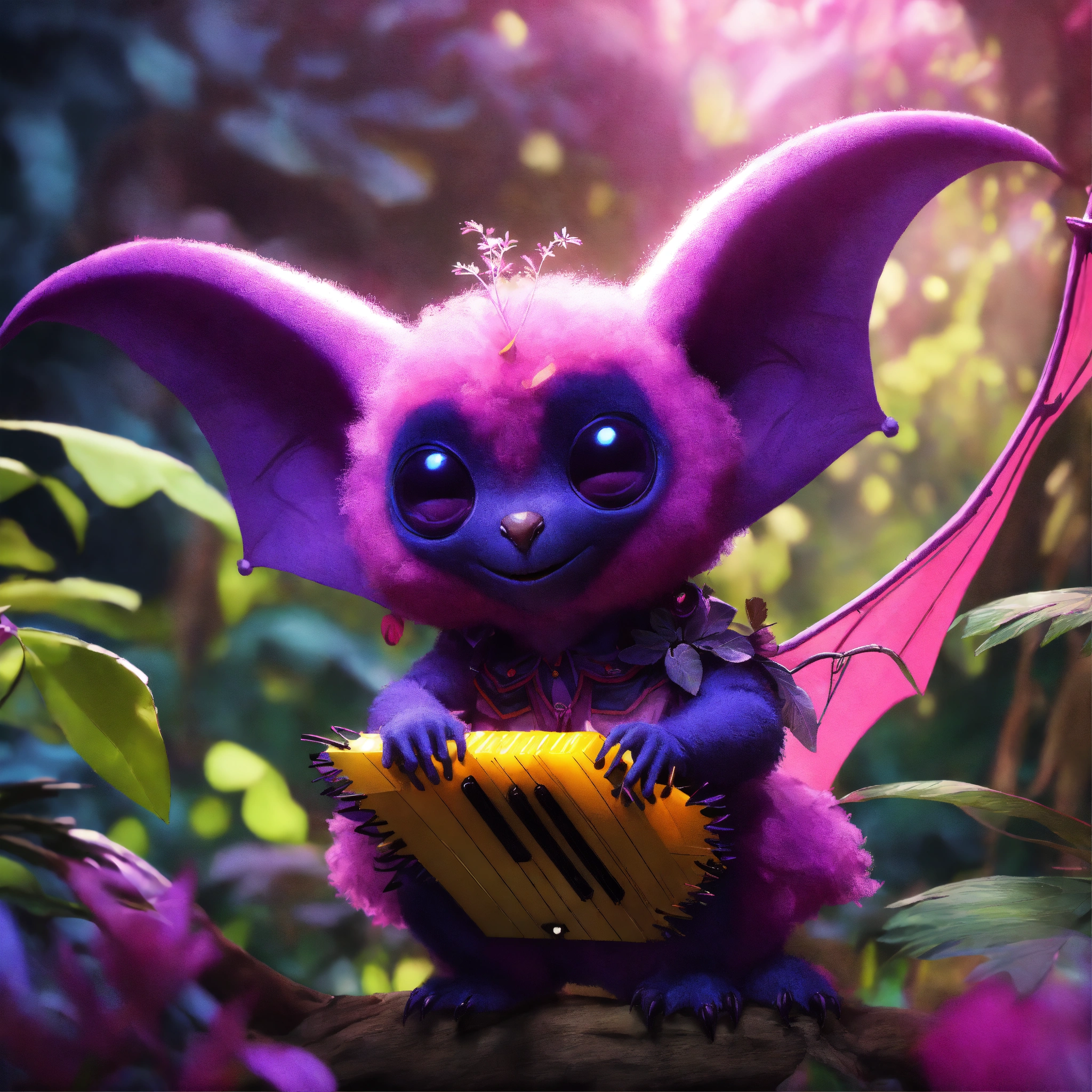 Lexica - Cute fuzzy pink and purple alien fruitbat character with big ...
